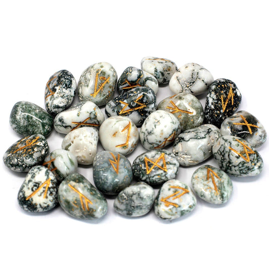 Rune Stone Set in a Pouch - Tree Agate Gemstones product packaging on clean background from Quintessential Holistic Health Ltd