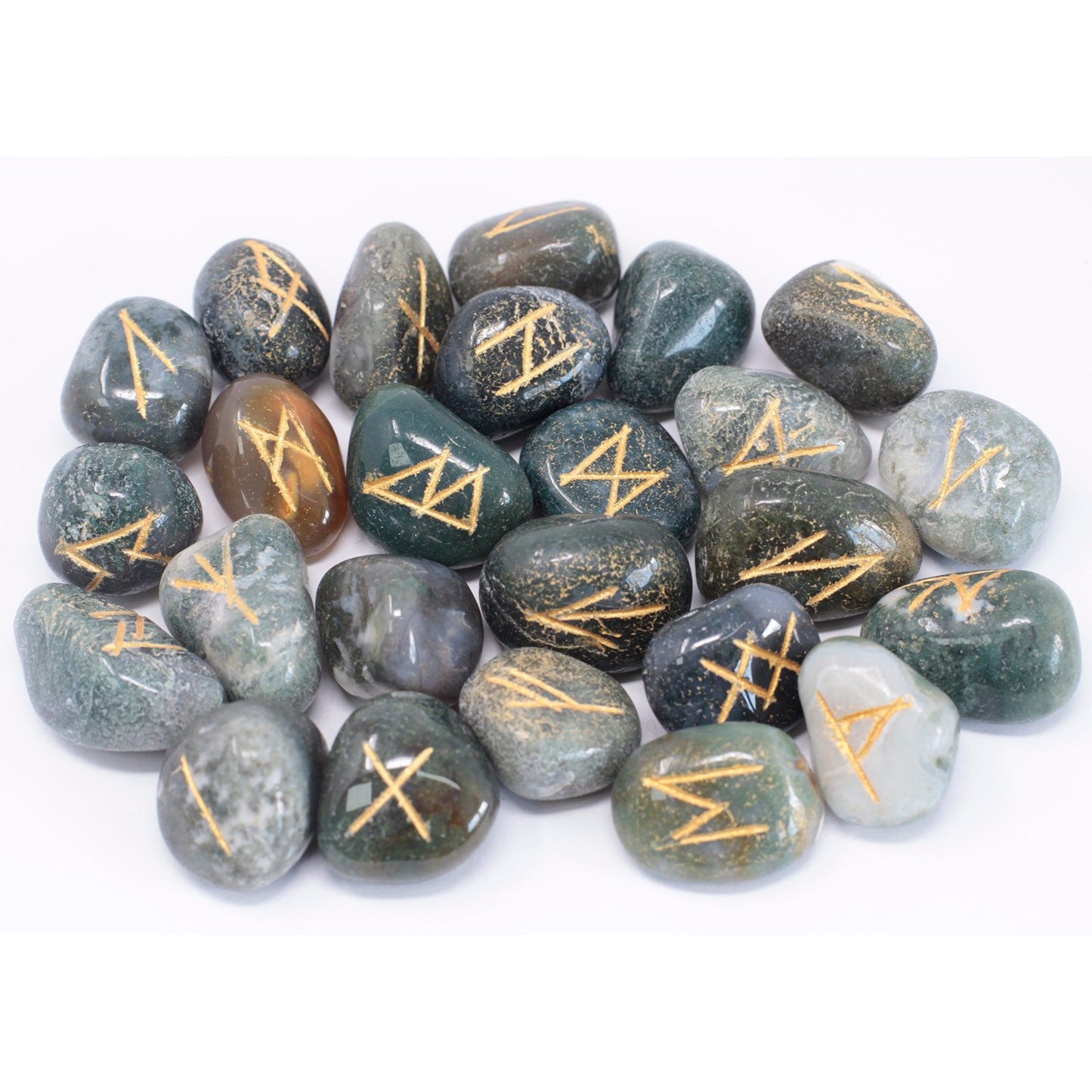 Rune Stone Set in a Pouch - Moss Agate Gemstones product packaging on clean background from Quintessential Holistic Health Ltd