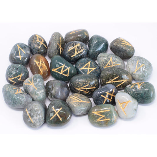 Rune Stone Set in a Pouch - Moss Agate Gemstones product packaging on clean background from Quintessential Holistic Health Ltd