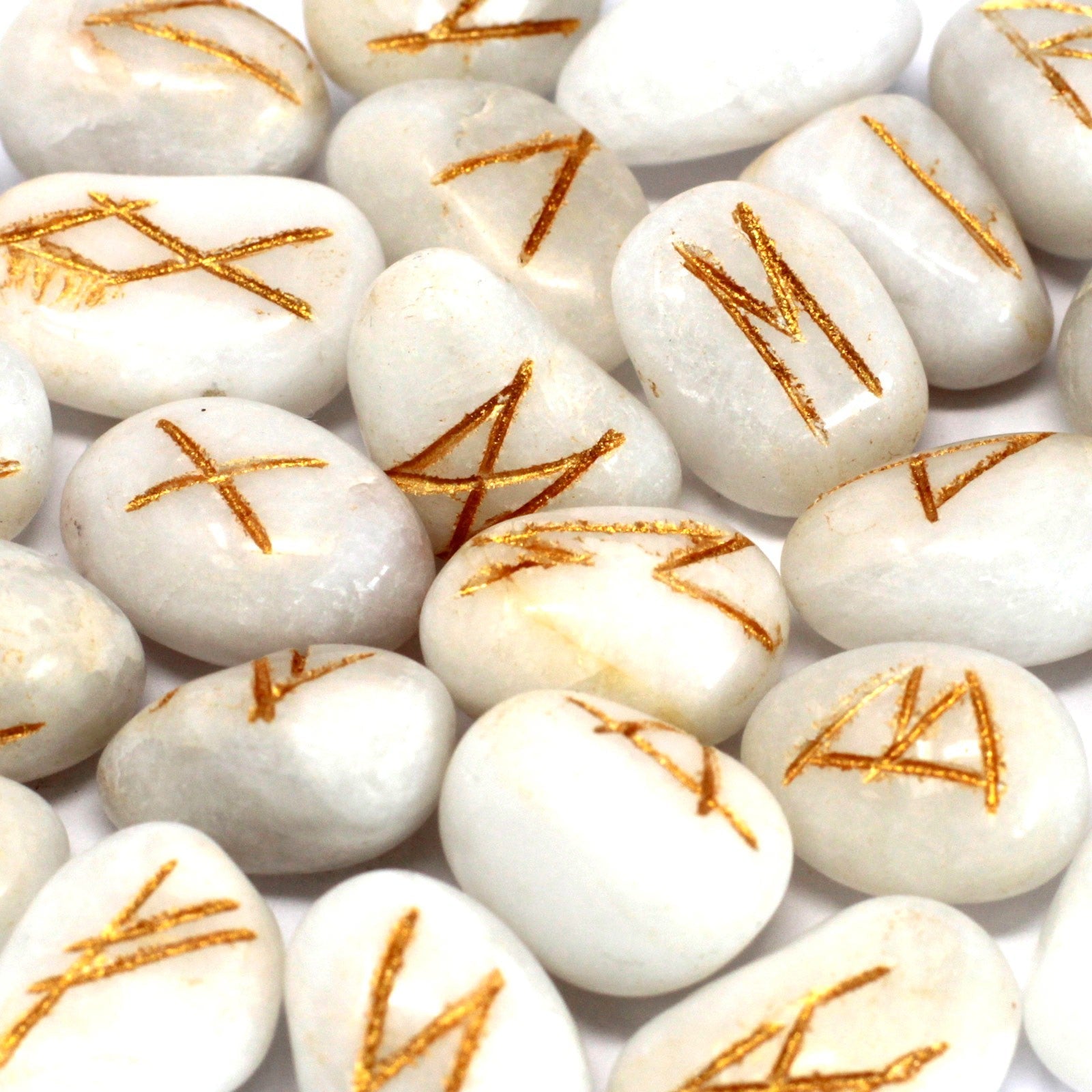 Rune Stone Set in a Pouch - White Agate Gemstones product packaging on clean background from Quintessential Holistic Health Ltd