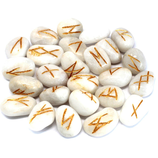 Rune Stone Set in a Pouch - White Agate Gemstones product packaging on clean background from Quintessential Holistic Health Ltd