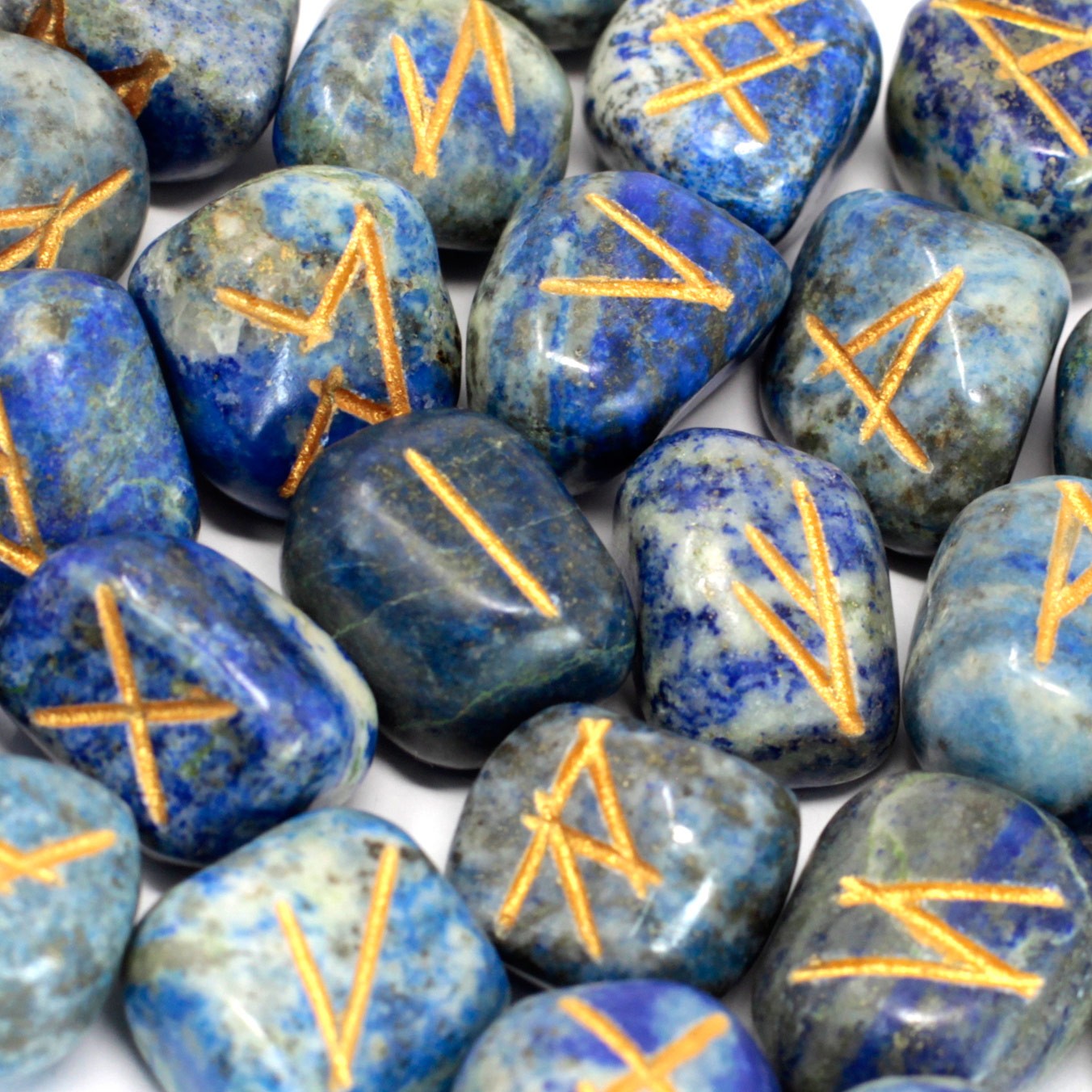 Rune Stone Set in a Pouch - Lapis Lazuli Gemstones product packaging on clean background from Quintessential Holistic Health Ltd