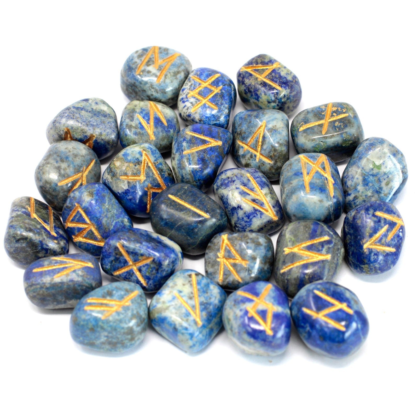 Rune Stone Set in a Pouch - Lapis Lazuli Gemstones product packaging on clean background from Quintessential Holistic Health Ltd