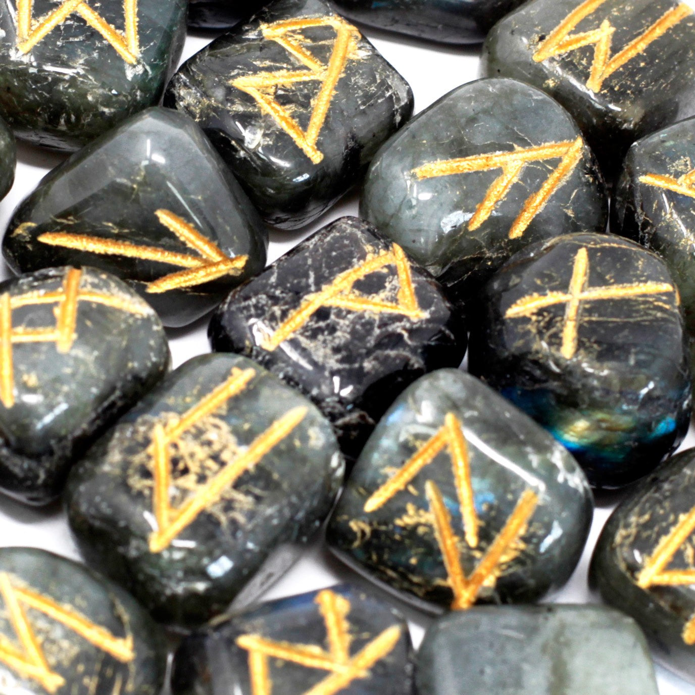 Rune Stone Set in a Pouch - Labradorite Gemstones product packaging on clean background from Quintessential Holistic Health Ltd