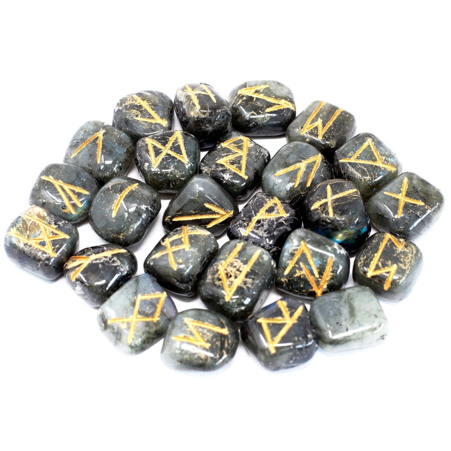 Rune Stone Set in a Pouch - Labradorite Gemstones product packaging on clean background from Quintessential Holistic Health Ltd