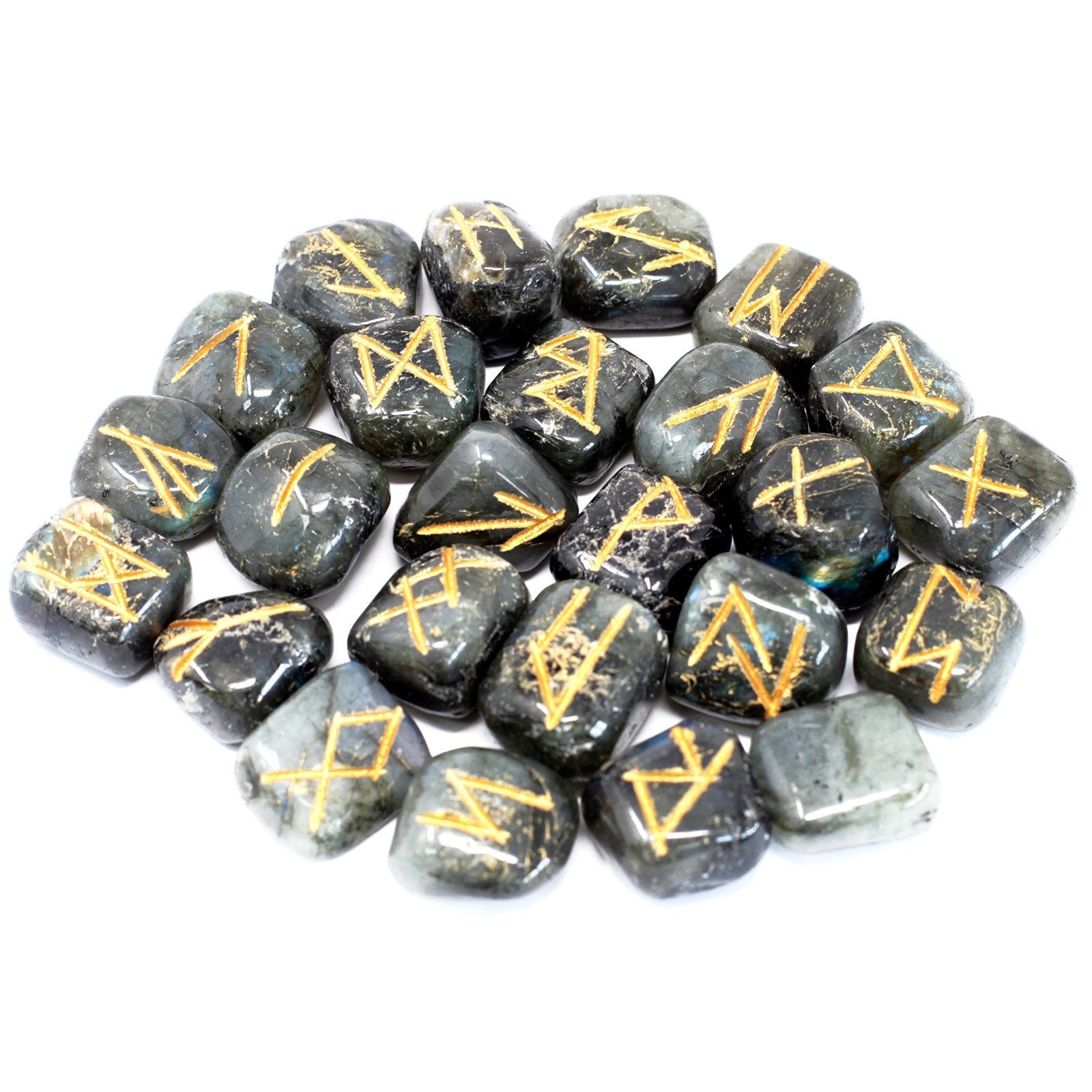 Rune Stone Set in a Pouch - Labradorite Gemstones product packaging on clean background from Quintessential Holistic Health Ltd