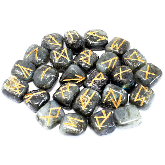Rune Stone Set in a Pouch - Labradorite Gemstones product packaging on clean background from Quintessential Holistic Health Ltd