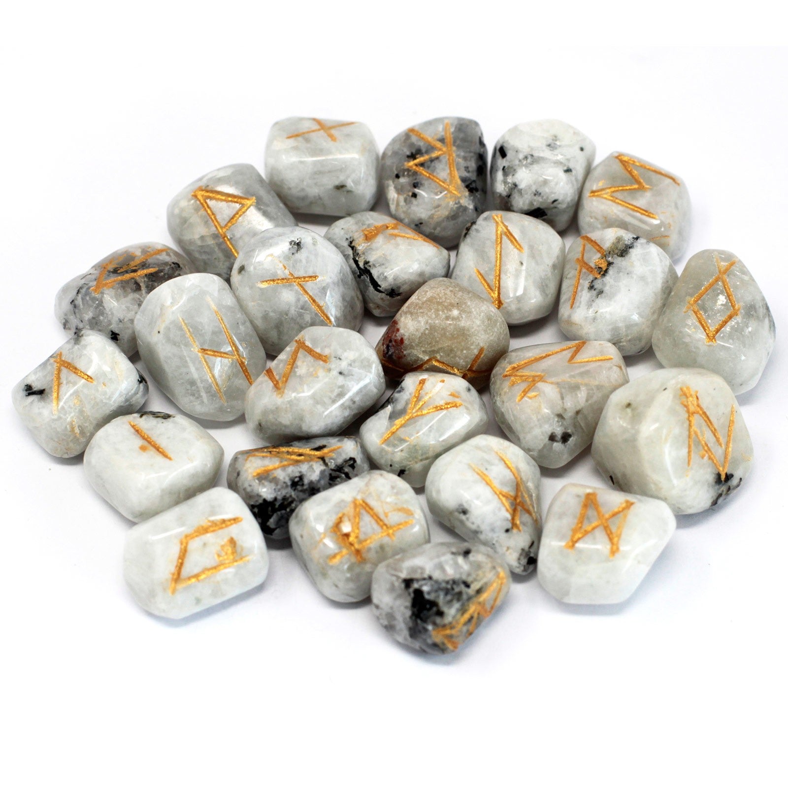 Rune Stone Set in a Pouch - Rainbow Moonstone Gemstones product packaging on clean background from Quintessential Holistic Health Ltd