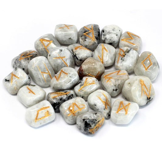 Rune Stone Set in a Pouch - Rainbow Moonstone Gemstones product packaging on clean background from Quintessential Holistic Health Ltd