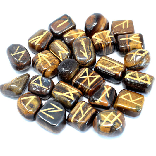 Rune Stone Set in a Pouch - Tigers Eye Gemstones product packaging on clean background from Quintessential Holistic Health Ltd
