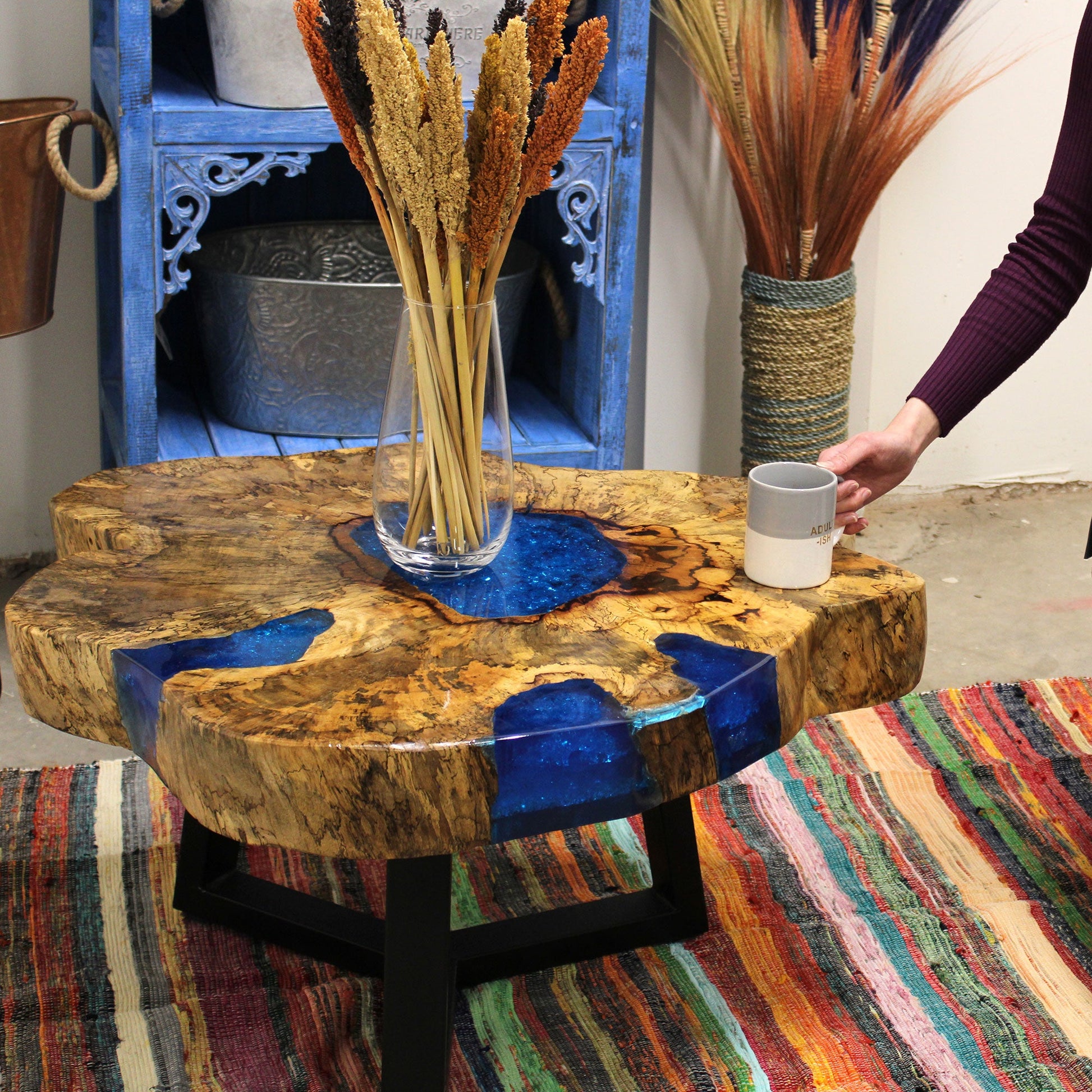Tamarind and Resin Unique Coffee Table - Sky Blue product packaging on clean background from Quintessential Holistic Health Ltd