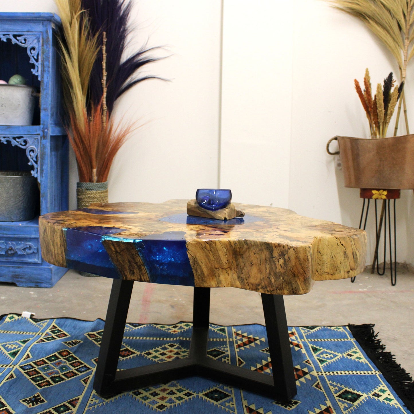 Tamarind and Resin Unique Coffee Table - Sky Blue product packaging on clean background from Quintessential Holistic Health Ltd