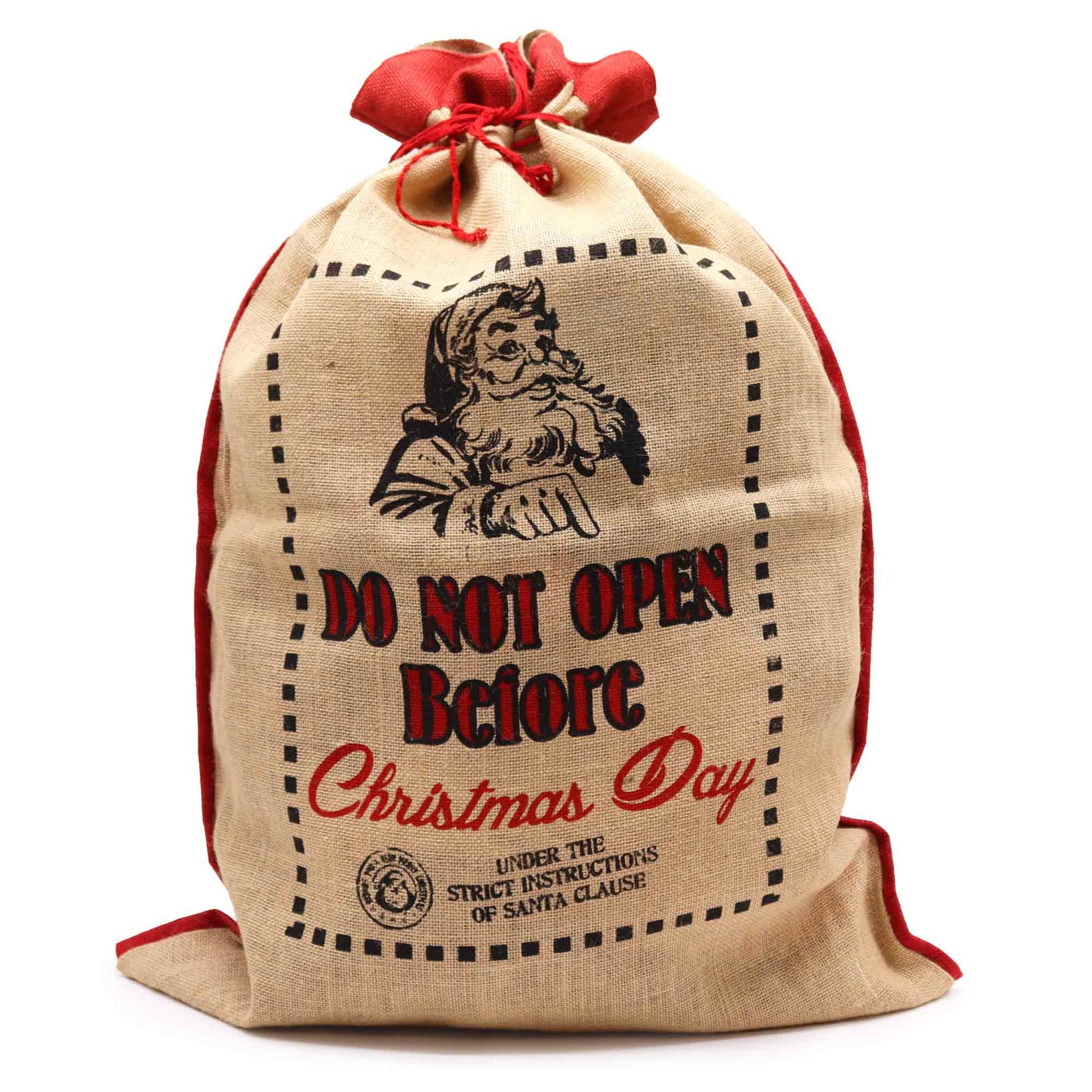 Eco-Friendly Re-Usable Jute Christmas Santa Sack - Do Not Open Before product packaging on clean background from Quintessential Holistic Health Ltd