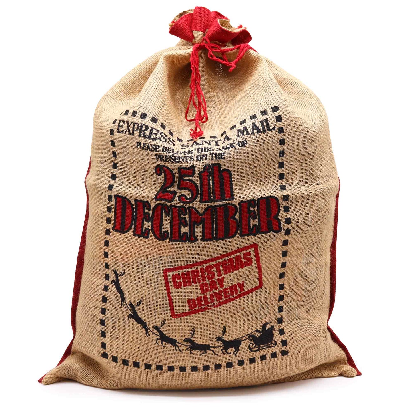 Eco-Friendly Re-Usable Jute Christmas Santa Sack - 25th December product packaging on clean background from Quintessential Holistic Health Ltd