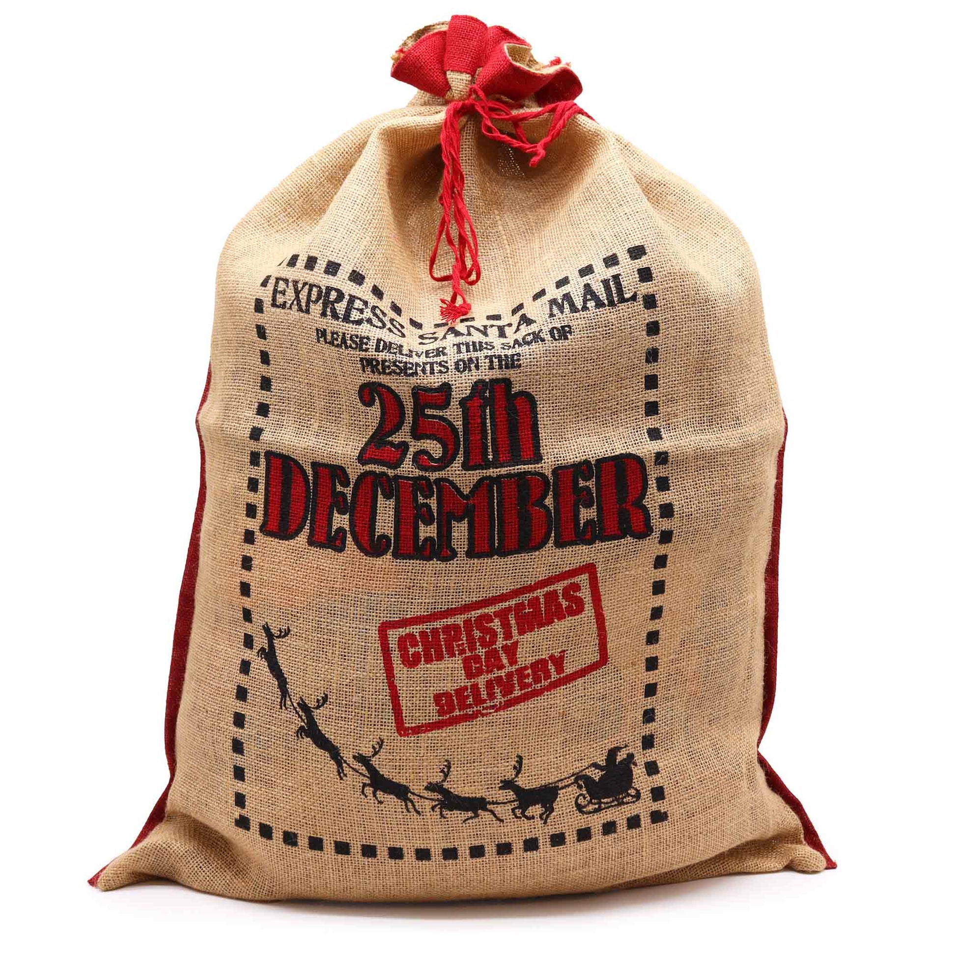 Eco-Friendly Re-Usable Jute Christmas Santa Sack - 25th December product packaging on clean background from Quintessential Holistic Health Ltd