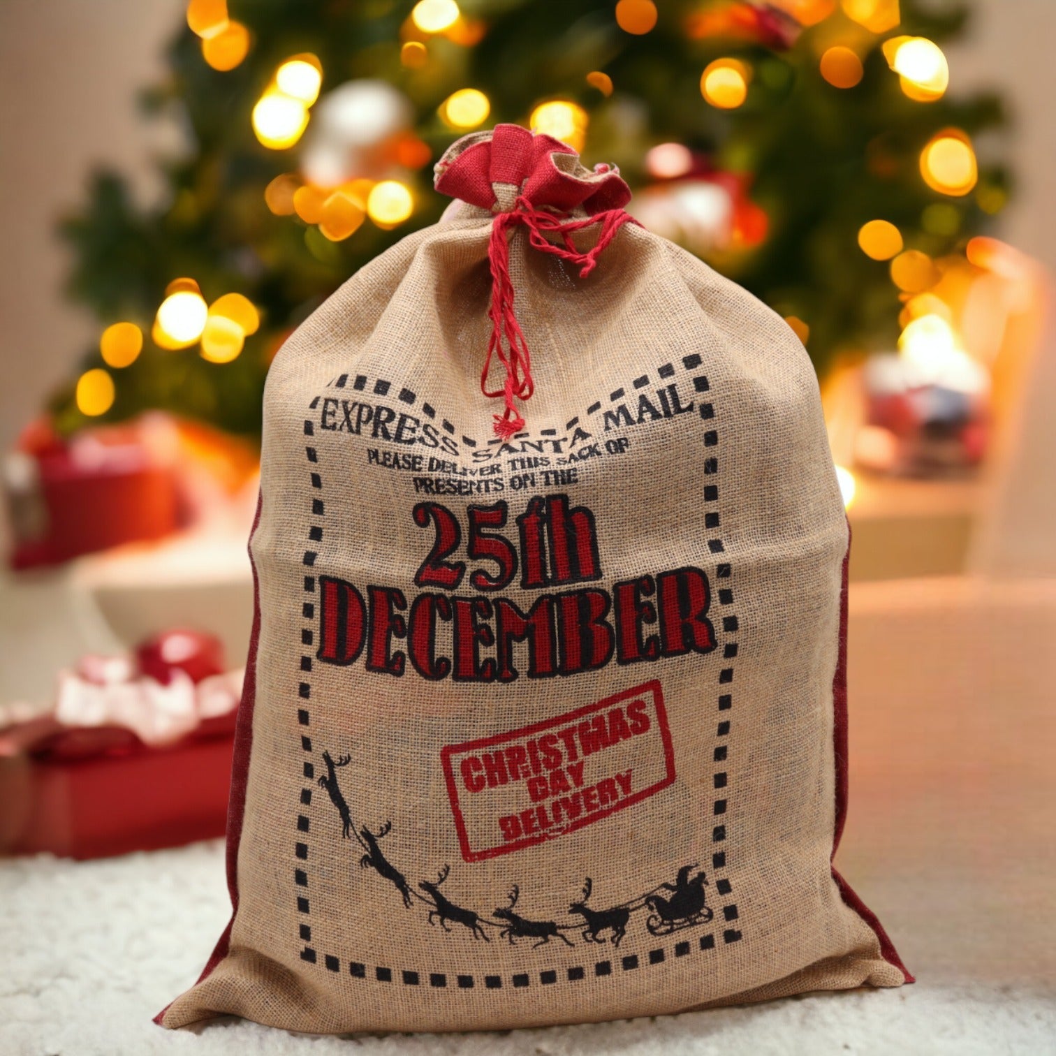 Eco-Friendly Re-Usable Jute Christmas Santa Sack - 25th December product packaging on clean background from Quintessential Holistic Health Ltd