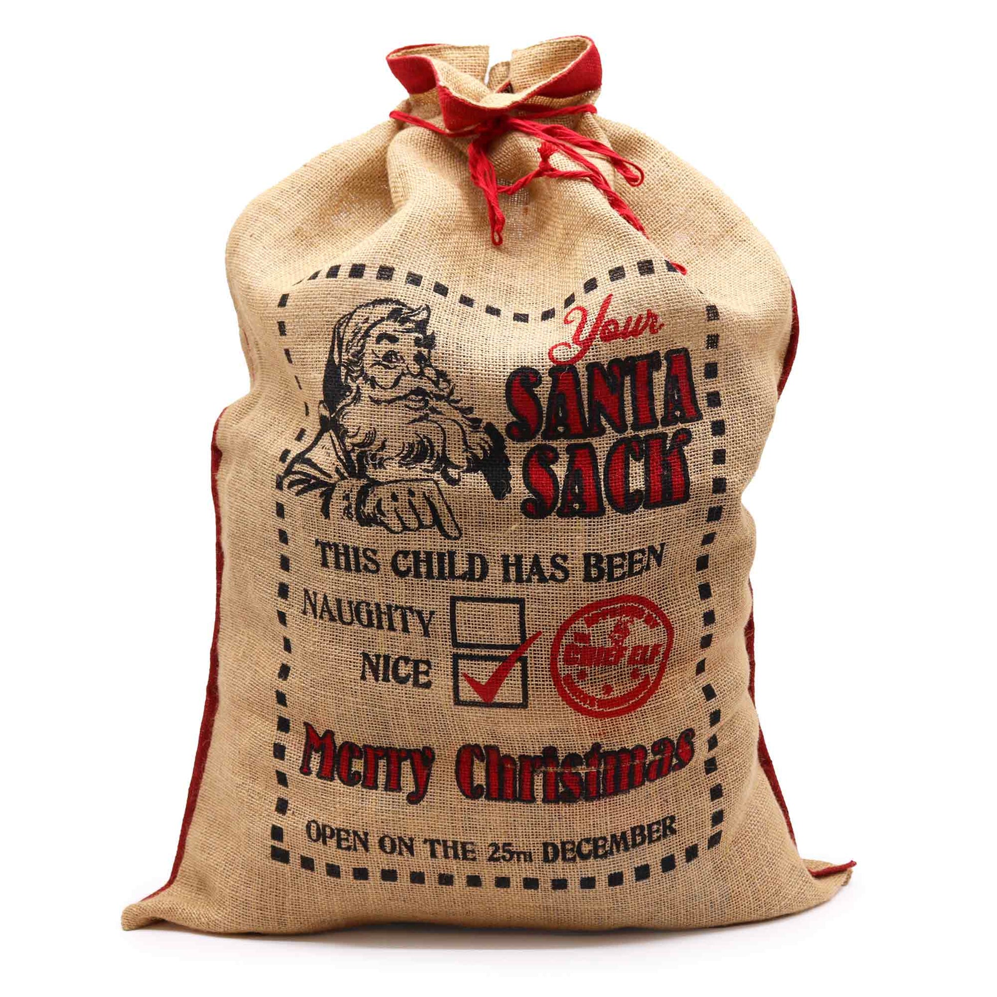 Eco-Friendly Re-Usable Jute Christmas Santa Sack - This Child Has Been...Nice! product packaging on clean background from Quintessential Holistic Health Ltd