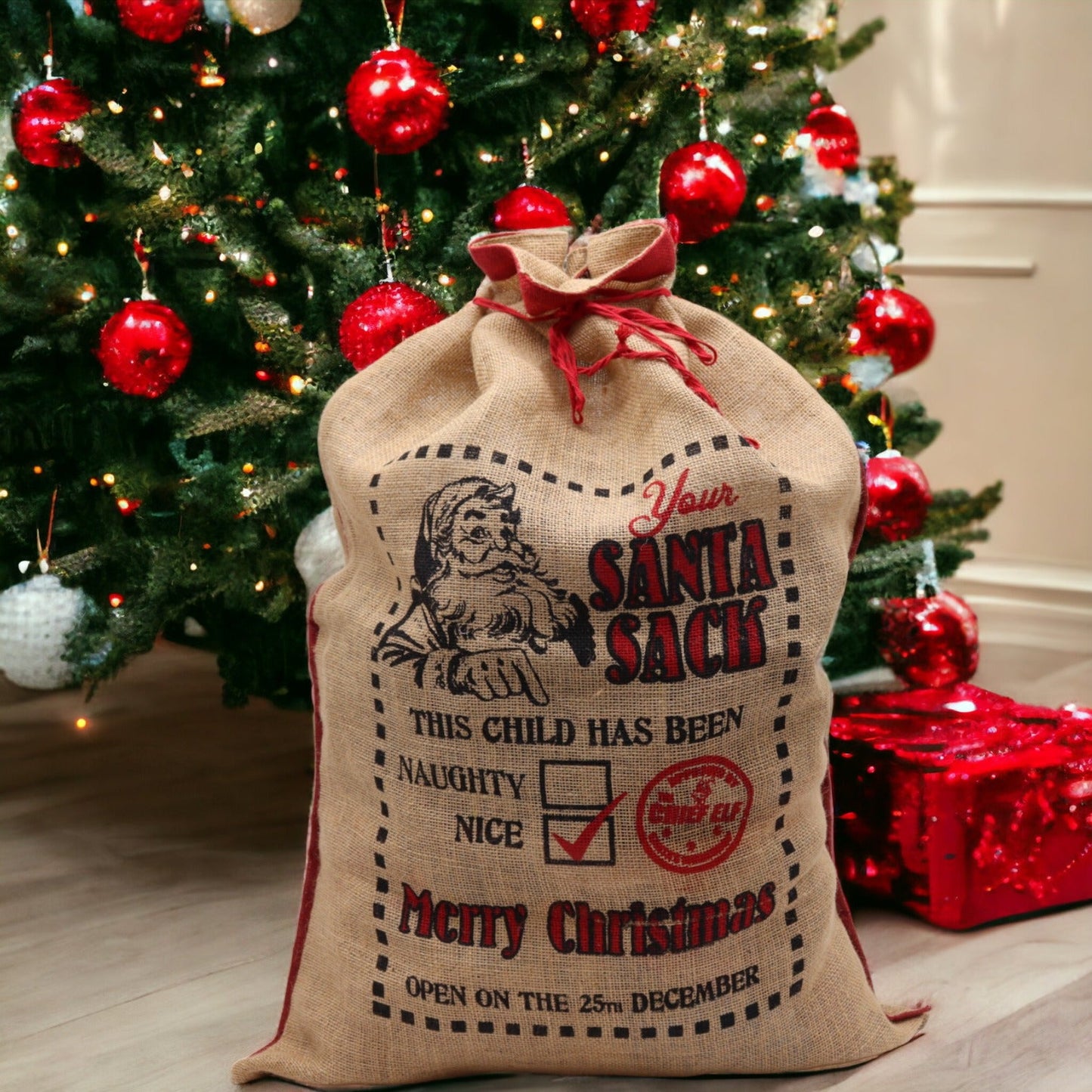 Eco-Friendly Re-Usable Jute Christmas Santa Sack - This Child Has Been...Nice! product packaging on clean background from Quintessential Holistic Health Ltd