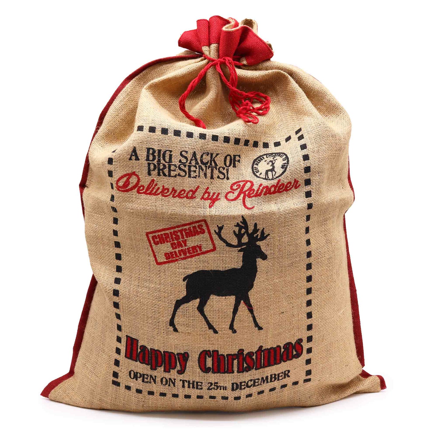 Eco-Friendly Re-Usable Jute Christmas Santa Sack - Delivered by Reindeer product packaging on clean background from Quintessential Holistic Health Ltd