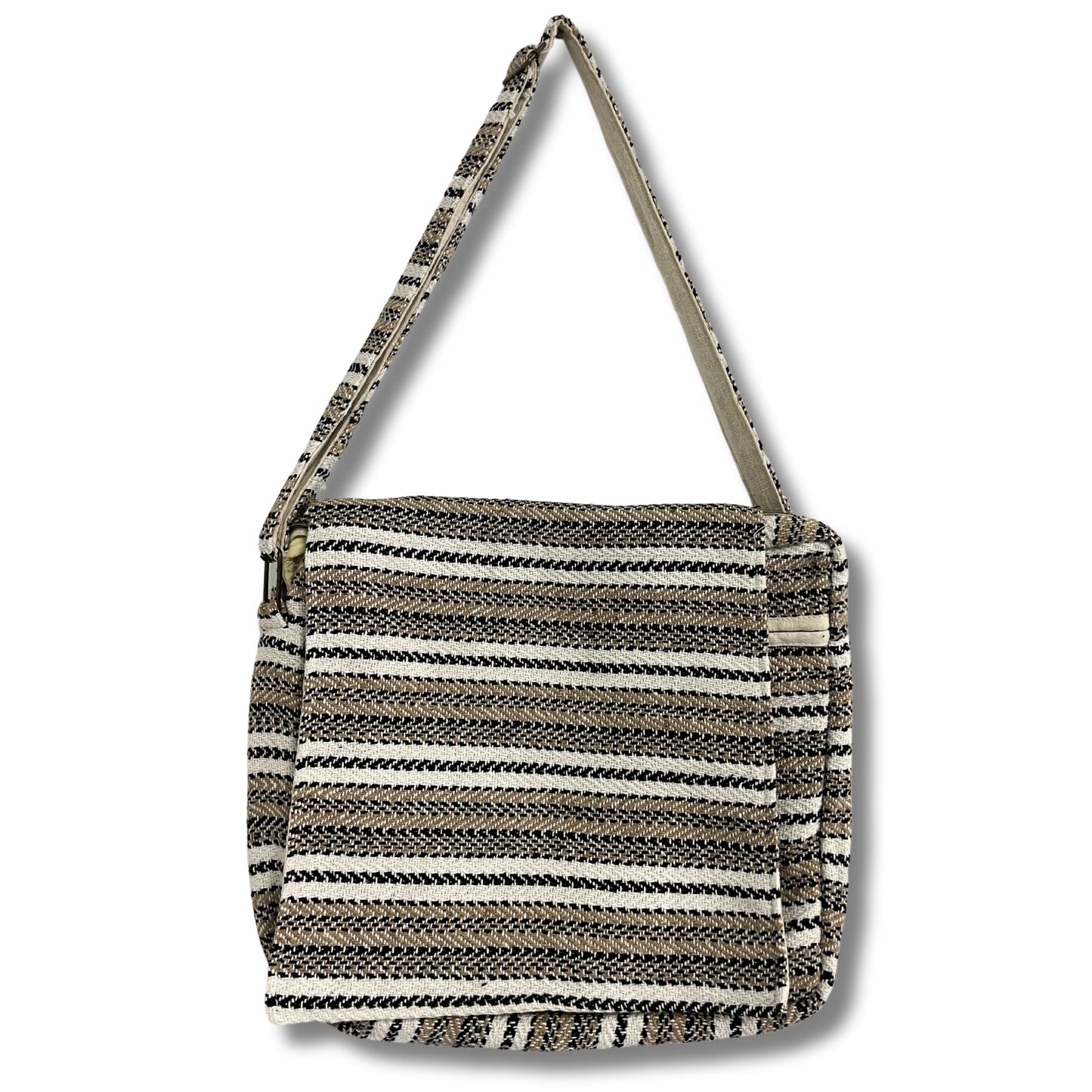 Handcrafted Soft Cotton Banjar Laptop Bag - Soft Cream and Grey Stripes product packaging on clean background from Quintessential Holistic Health Ltd