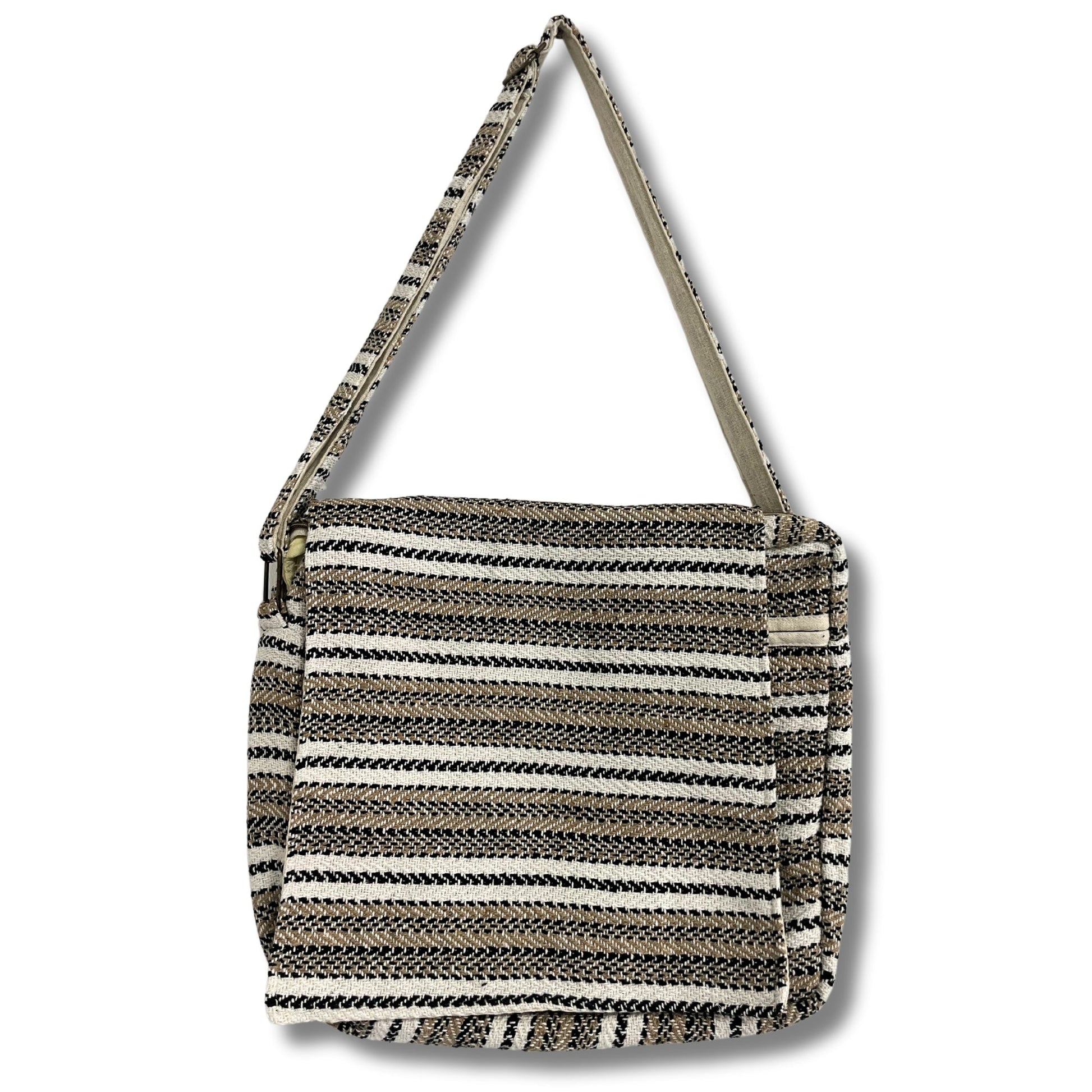 Handcrafted Soft Cotton Banjar Laptop Bag - Soft Cream and Grey Stripes product packaging on clean background from Quintessential Holistic Health Ltd