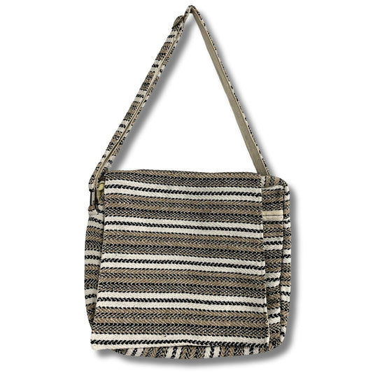 Handcrafted Soft Cotton Banjar Laptop Bag - Soft Cream and Grey Stripes product packaging on clean background from Quintessential Holistic Health Ltd