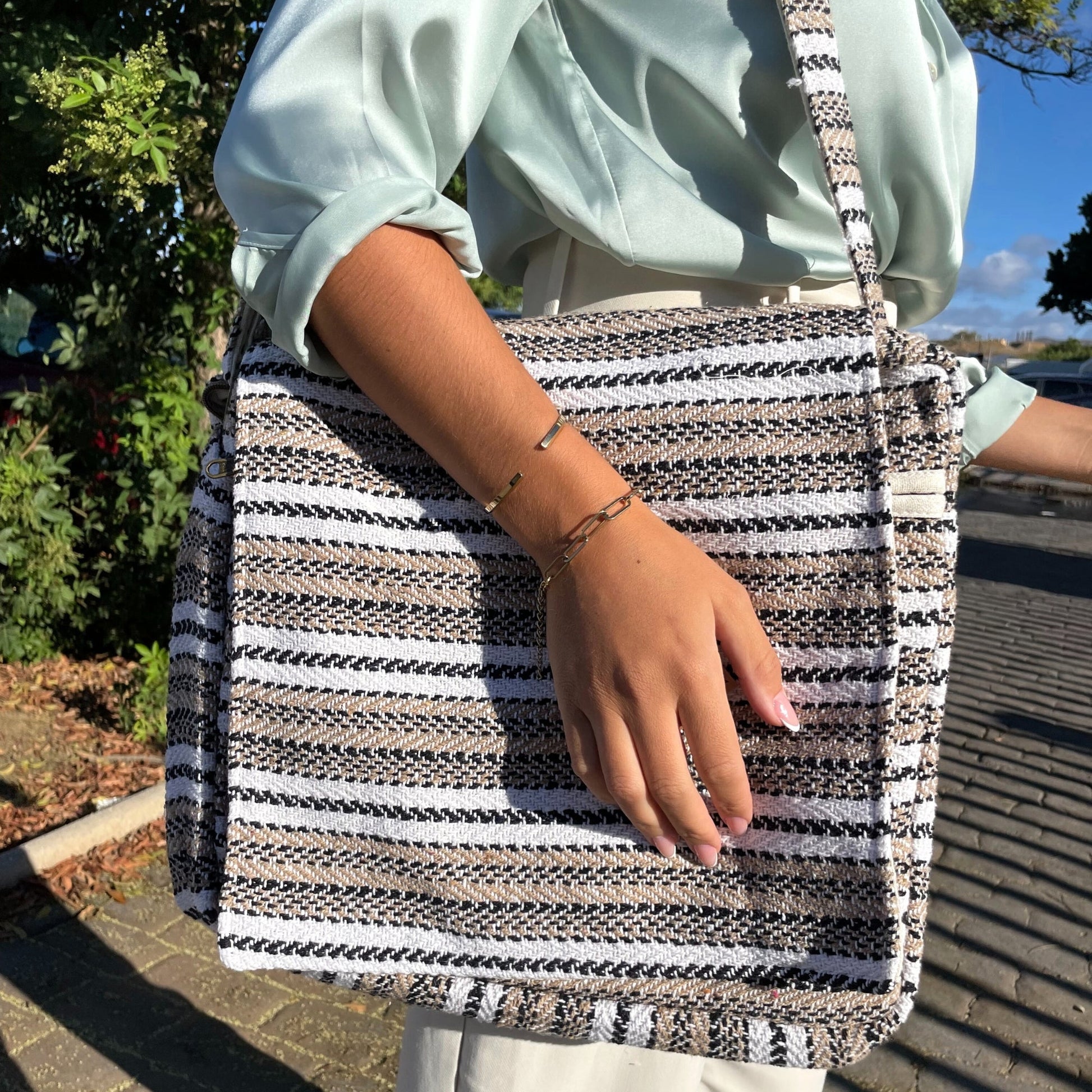 Handcrafted Soft Cotton Banjar Laptop Bag - Soft Cream and Grey Stripes product packaging on clean background from Quintessential Holistic Health Ltd