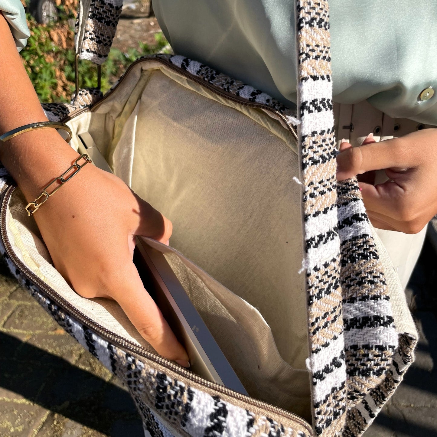 Handcrafted Soft Cotton Banjar Laptop Bag - Soft Cream and Grey Stripes product packaging on clean background from Quintessential Holistic Health Ltd