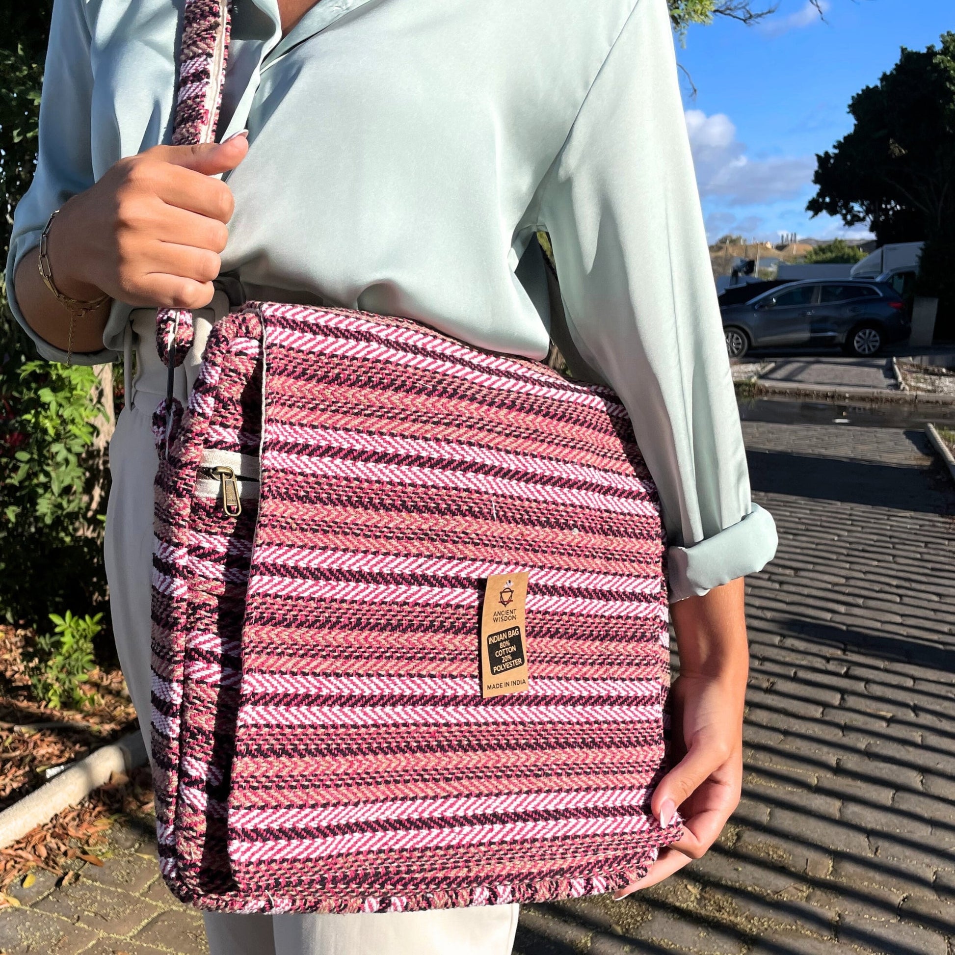 Handcrafted Soft Cotton Banjar Laptop Bag - Soft Pink Stripes product packaging on clean background from Quintessential Holistic Health Ltd