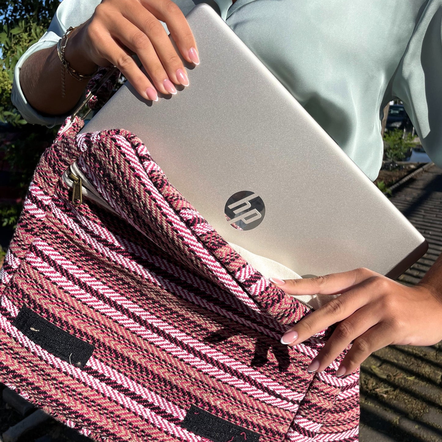 Handcrafted Soft Cotton Banjar Laptop Bag - Soft Pink Stripes product packaging on clean background from Quintessential Holistic Health Ltd
