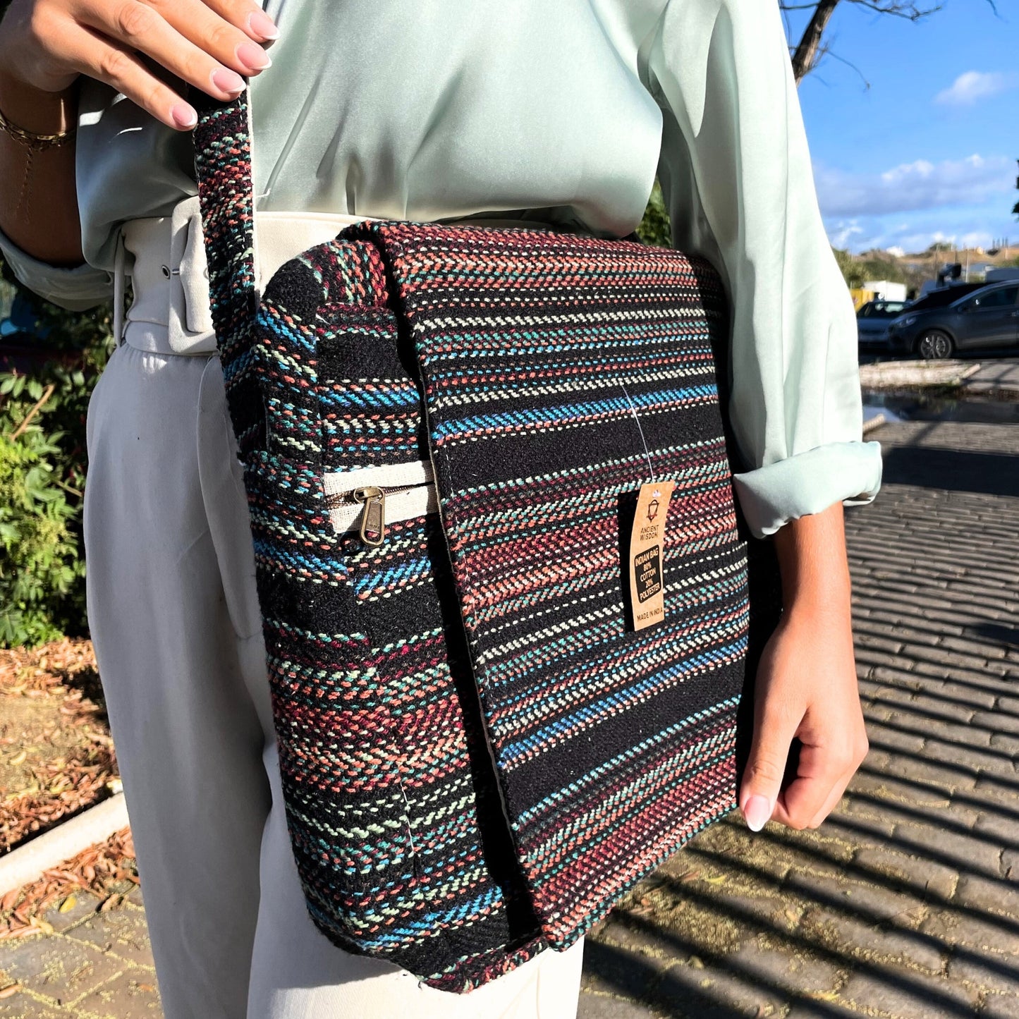 Handcrafted Soft Cotton Banjar Laptop Bag - Multicoloured Stripes product packaging on clean background from Quintessential Holistic Health Ltd