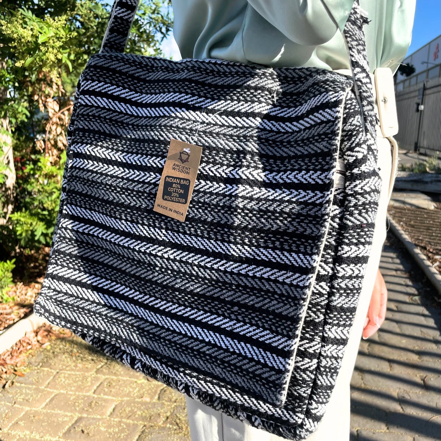 Handcrafted Soft Cotton Banjar Laptop Bag - Grey Stripes product packaging on clean background from Quintessential Holistic Health Ltd