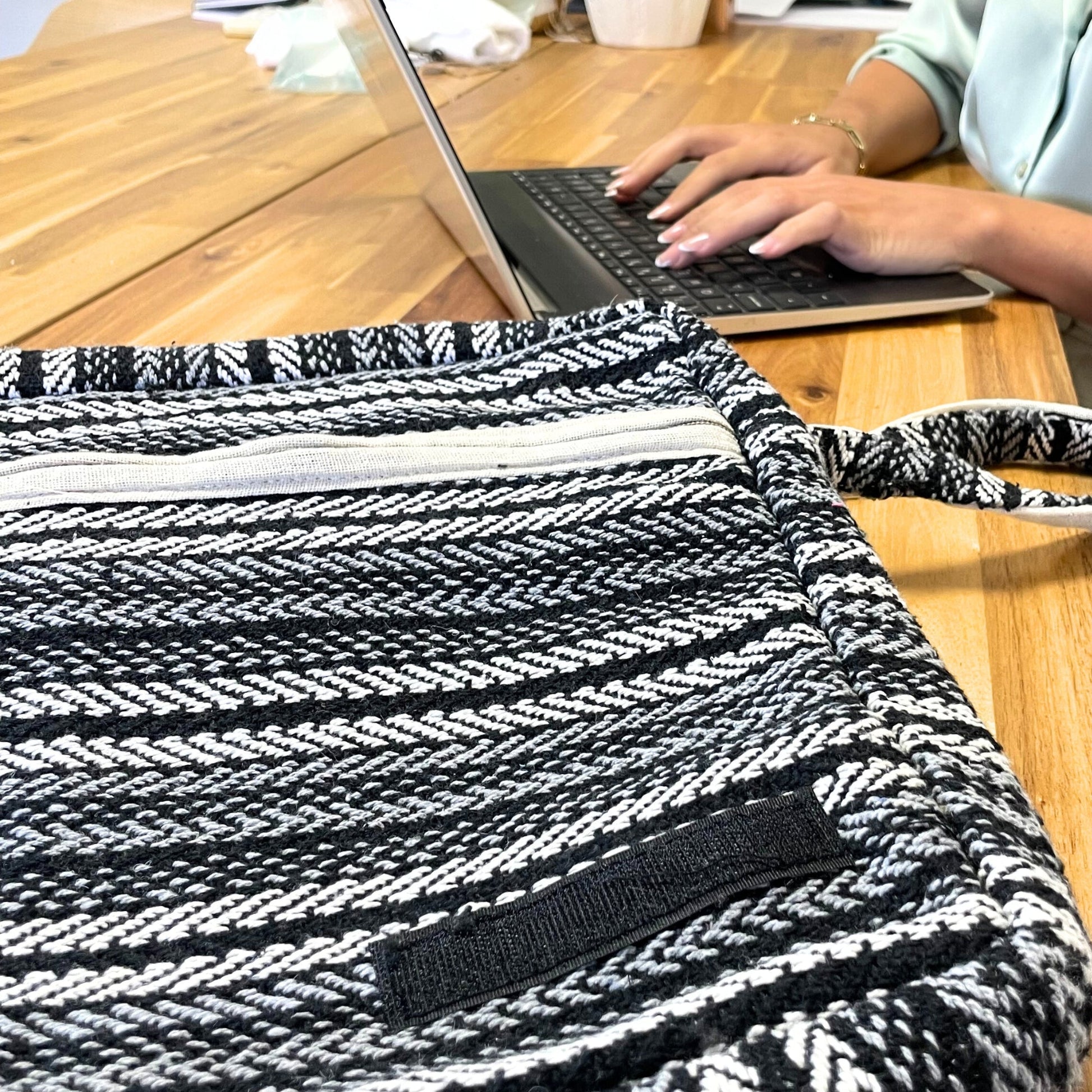 Handcrafted Soft Cotton Banjar Laptop Bag - Grey Stripes product packaging on clean background from Quintessential Holistic Health Ltd