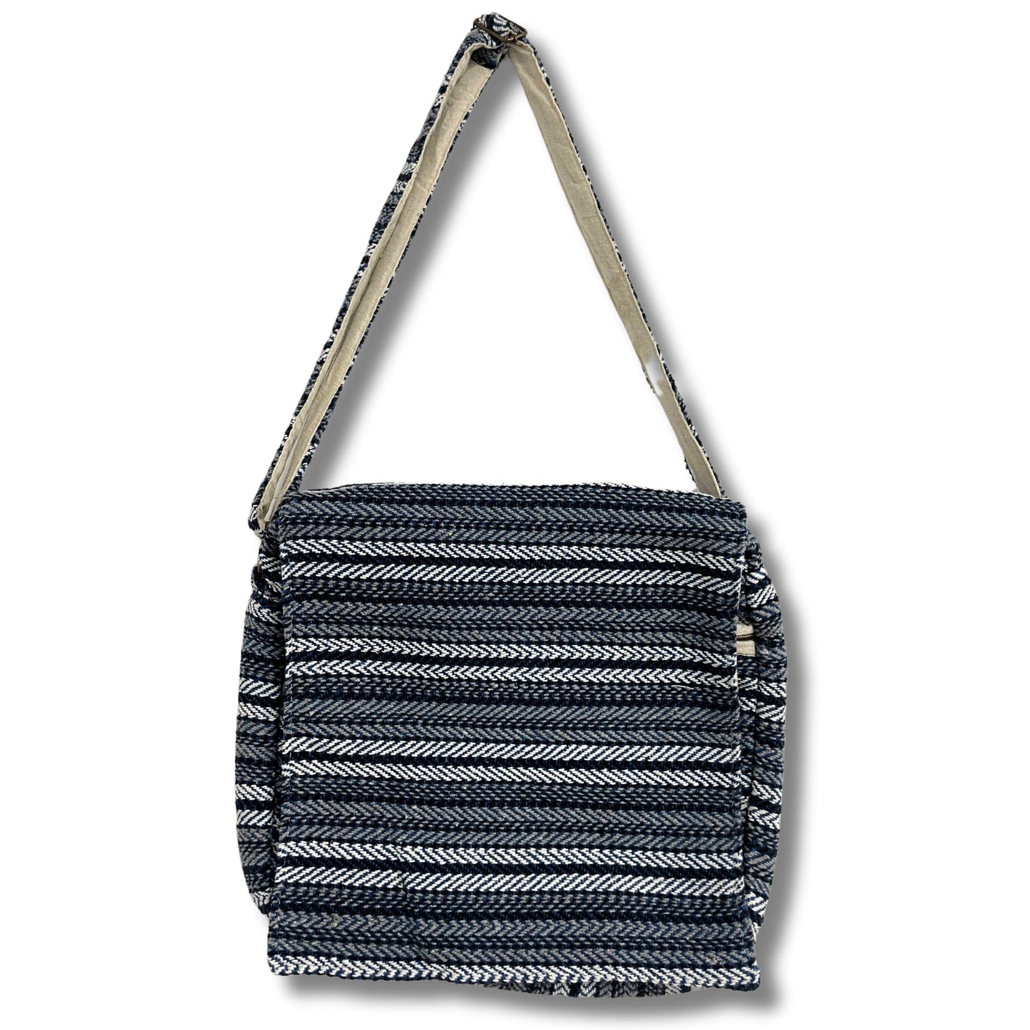 Handcrafted Soft Cotton Banjar Laptop Bag - Blue Stripes product packaging on clean background from Quintessential Holistic Health Ltd