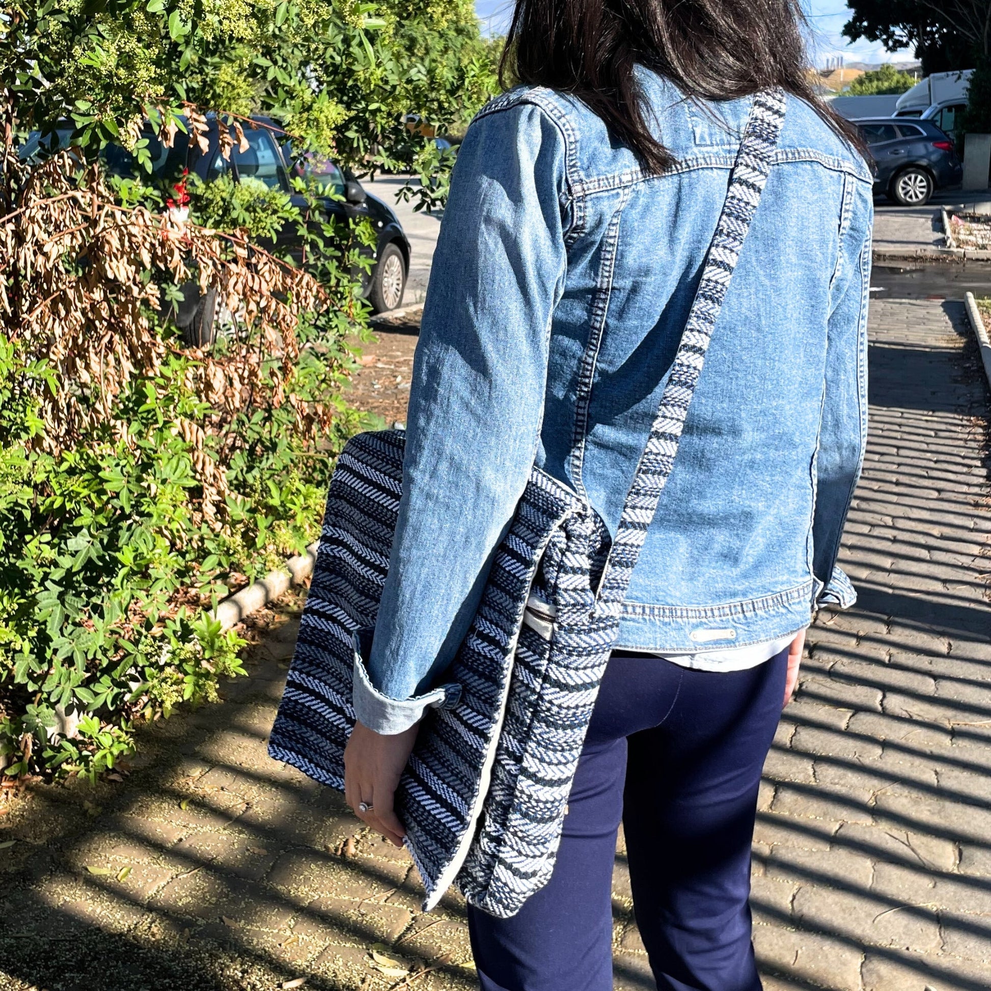 Handcrafted Soft Cotton Banjar Laptop Bag - Blue Stripes product packaging on clean background from Quintessential Holistic Health Ltd