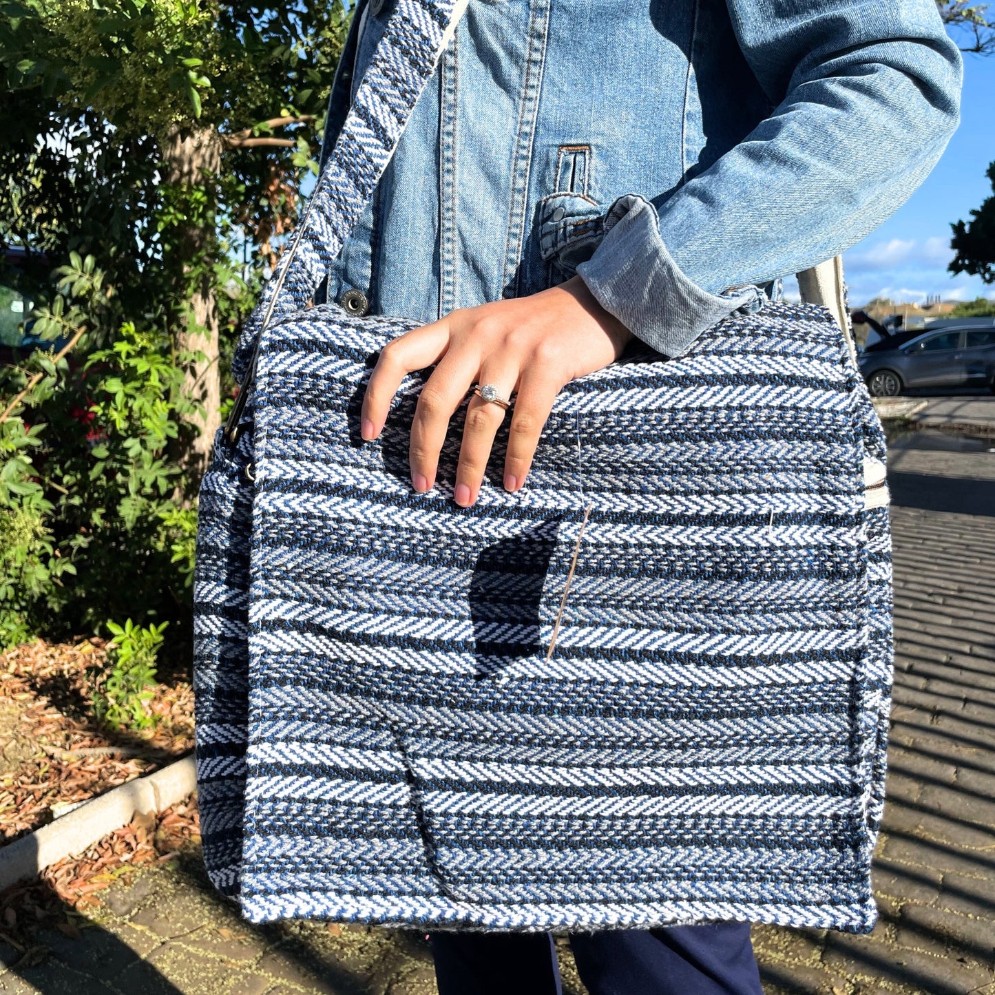 Handcrafted Soft Cotton Banjar Laptop Bag - Blue Stripes product packaging on clean background from Quintessential Holistic Health Ltd