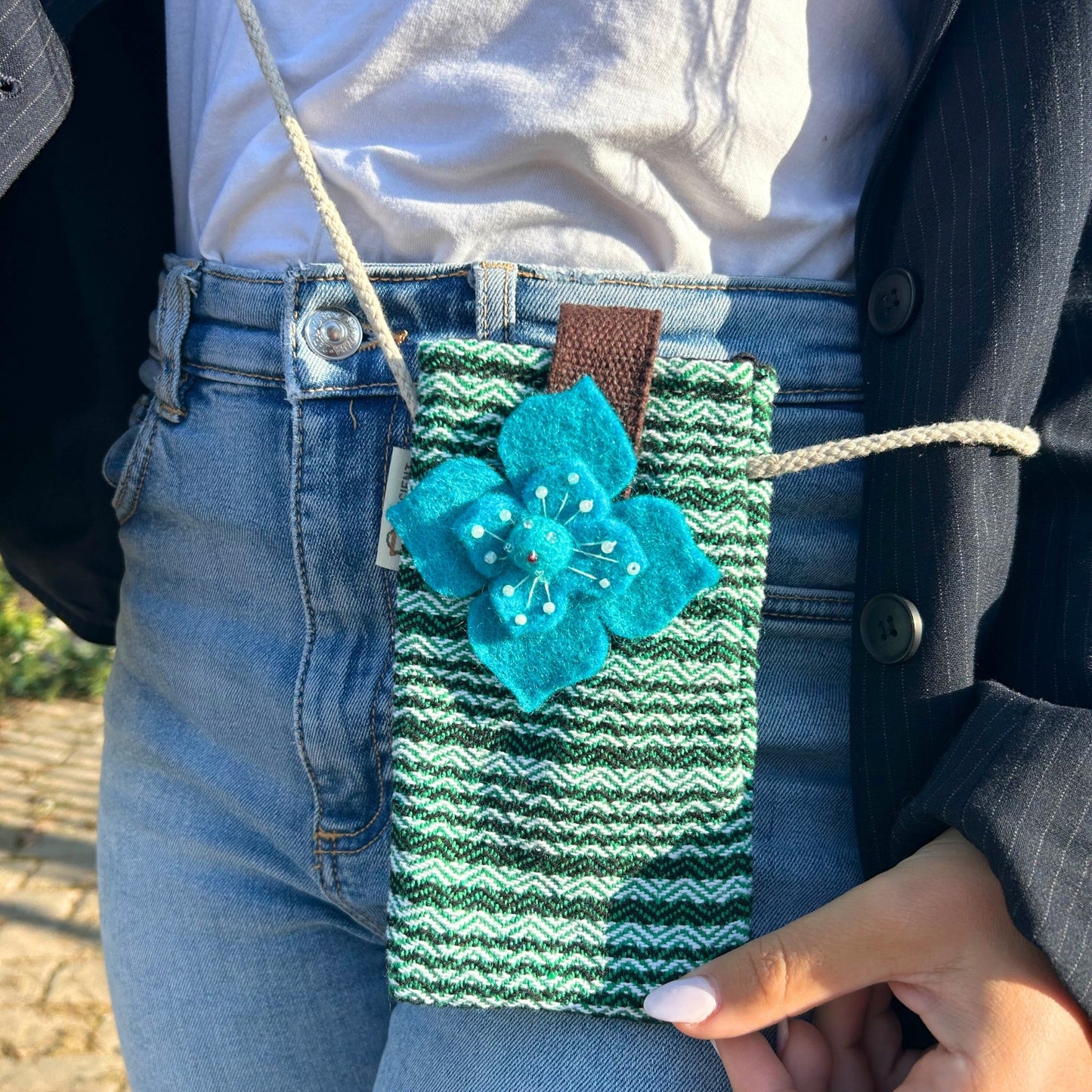 Handmade Cotton Mobile Phone Holder Bag - Green / Flower product packaging on clean background from Quintessential Holistic Health Ltd