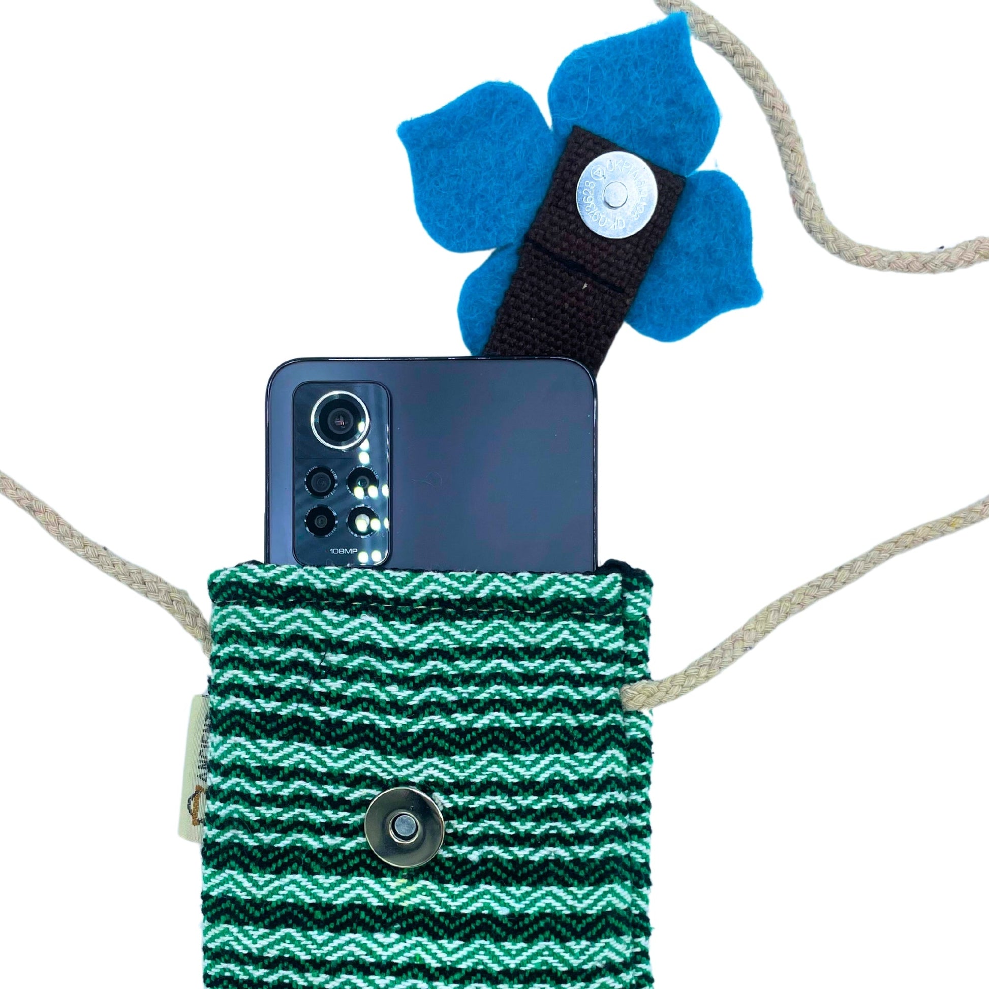 Handmade Cotton Mobile Phone Holder Bag - Green / Flower product packaging on clean background from Quintessential Holistic Health Ltd