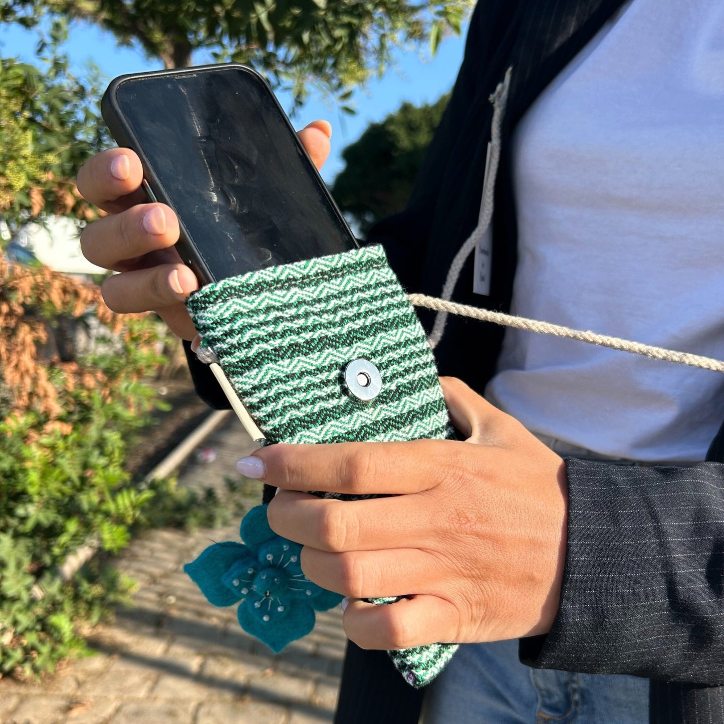 Handmade Cotton Mobile Phone Holder Bag - Green / Flower product packaging on clean background from Quintessential Holistic Health Ltd