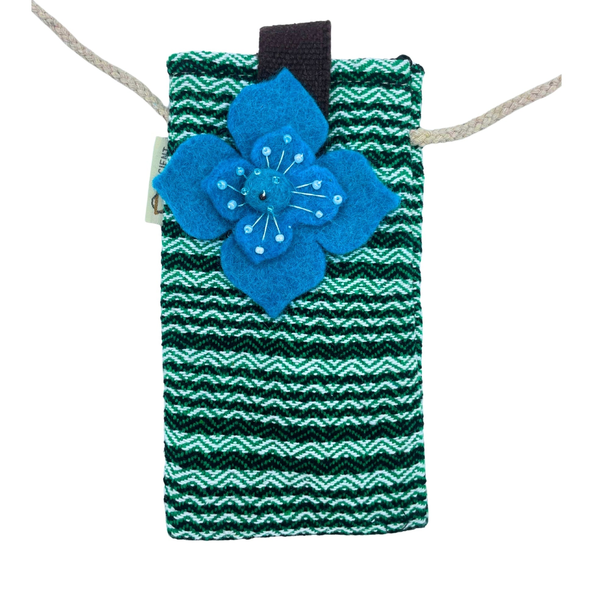 Handmade Cotton Mobile Phone Holder Bag - Green / Flower product packaging on clean background from Quintessential Holistic Health Ltd