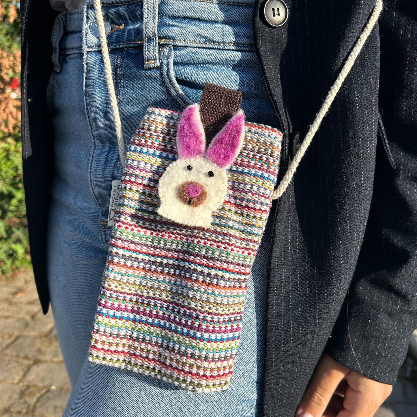 Handmade Cotton Mobile Phone Holder Bag - Pink and Multicoloured / Rabbit product packaging on clean background from Quintessential Holistic Health Ltd