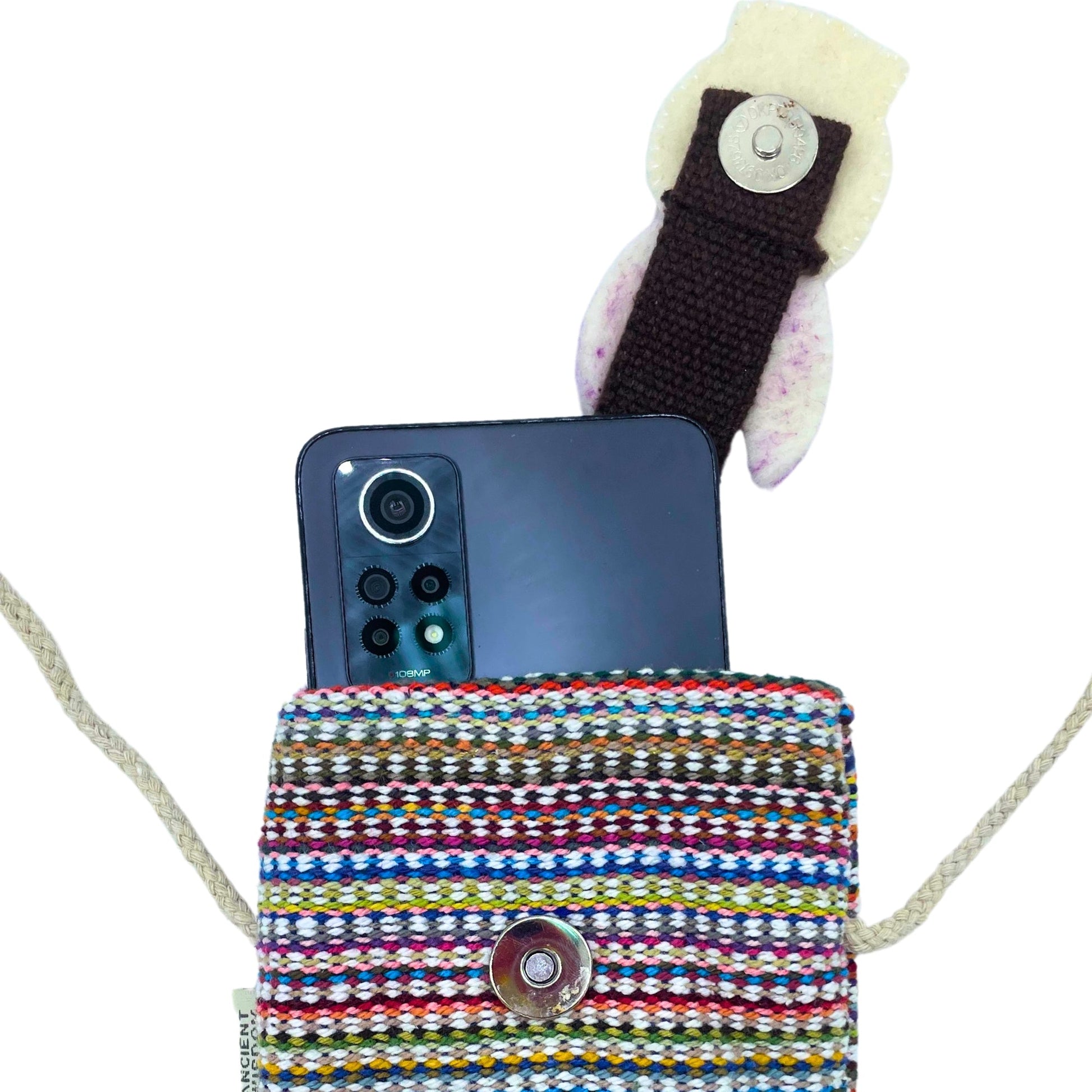 Handmade Cotton Mobile Phone Holder Bag - Pink and Multicoloured / Rabbit product packaging on clean background from Quintessential Holistic Health Ltd
