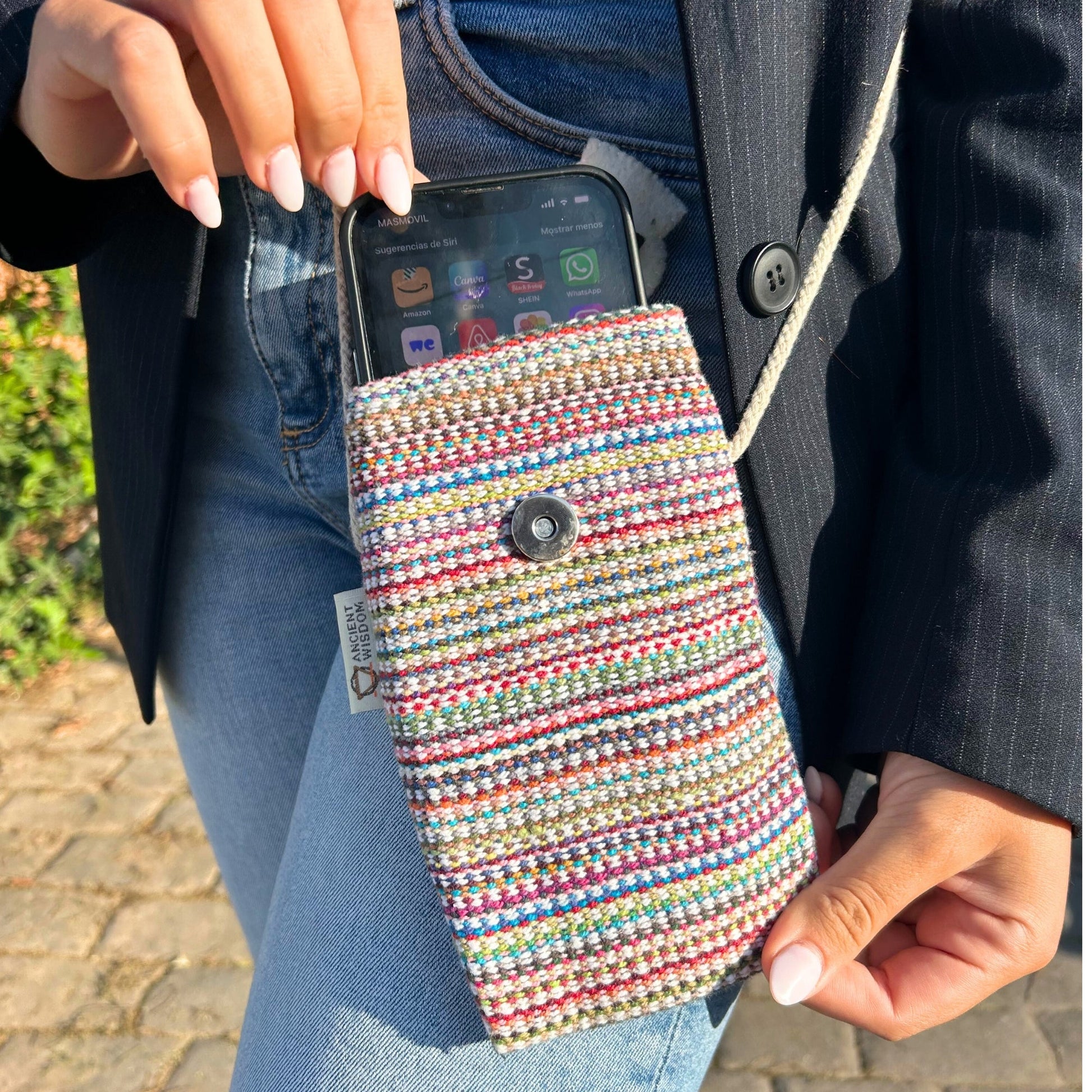 Handmade Cotton Mobile Phone Holder Bag - Pink and Multicoloured / Rabbit product packaging on clean background from Quintessential Holistic Health Ltd