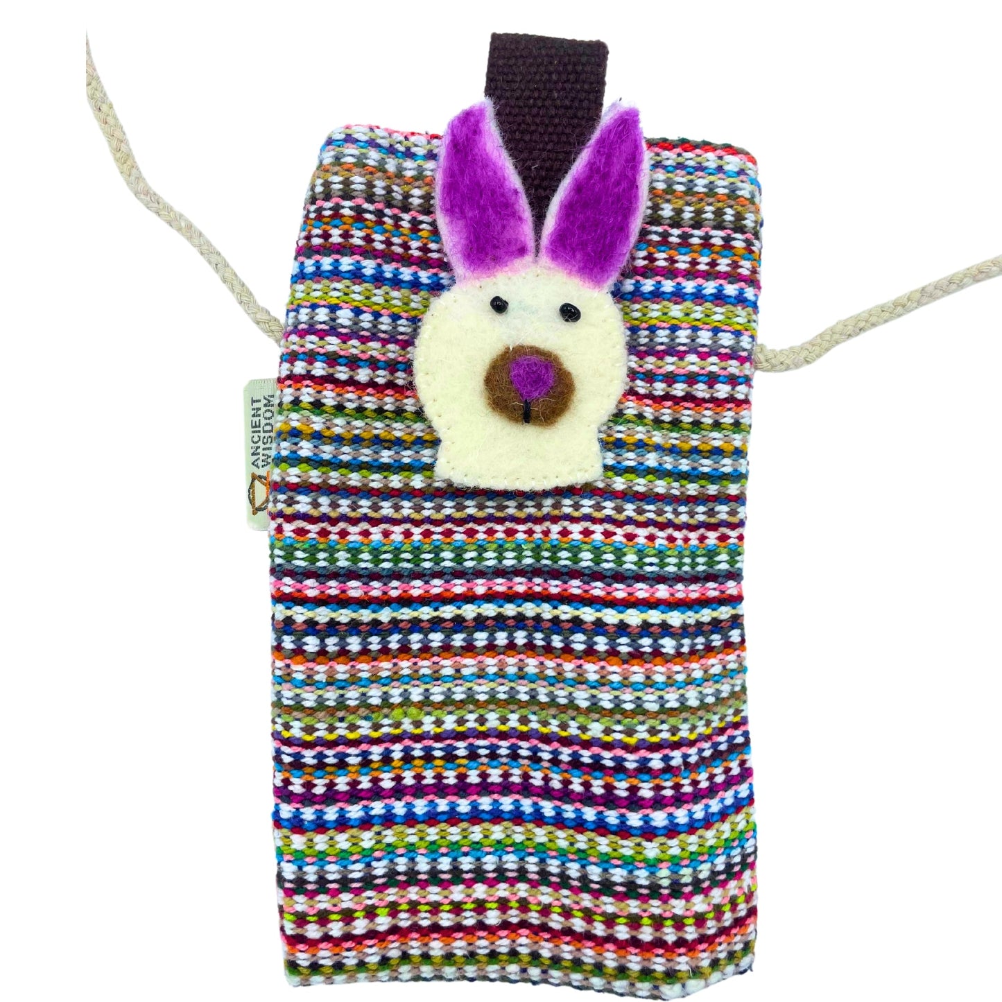Handmade Cotton Mobile Phone Holder Bag - Pink and Multicoloured / Rabbit product packaging on clean background from Quintessential Holistic Health Ltd