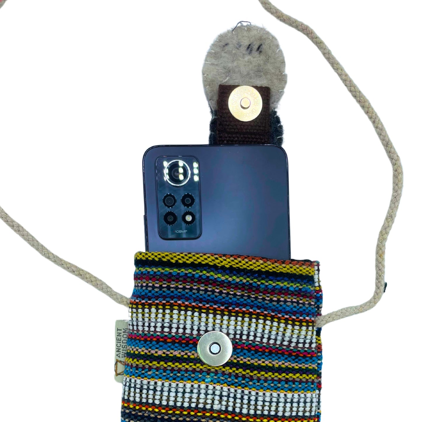 Handmade Cotton Mobile Phone Holder Bag - White and Multicoloured / Owl product packaging on clean background from Quintessential Holistic Health Ltd