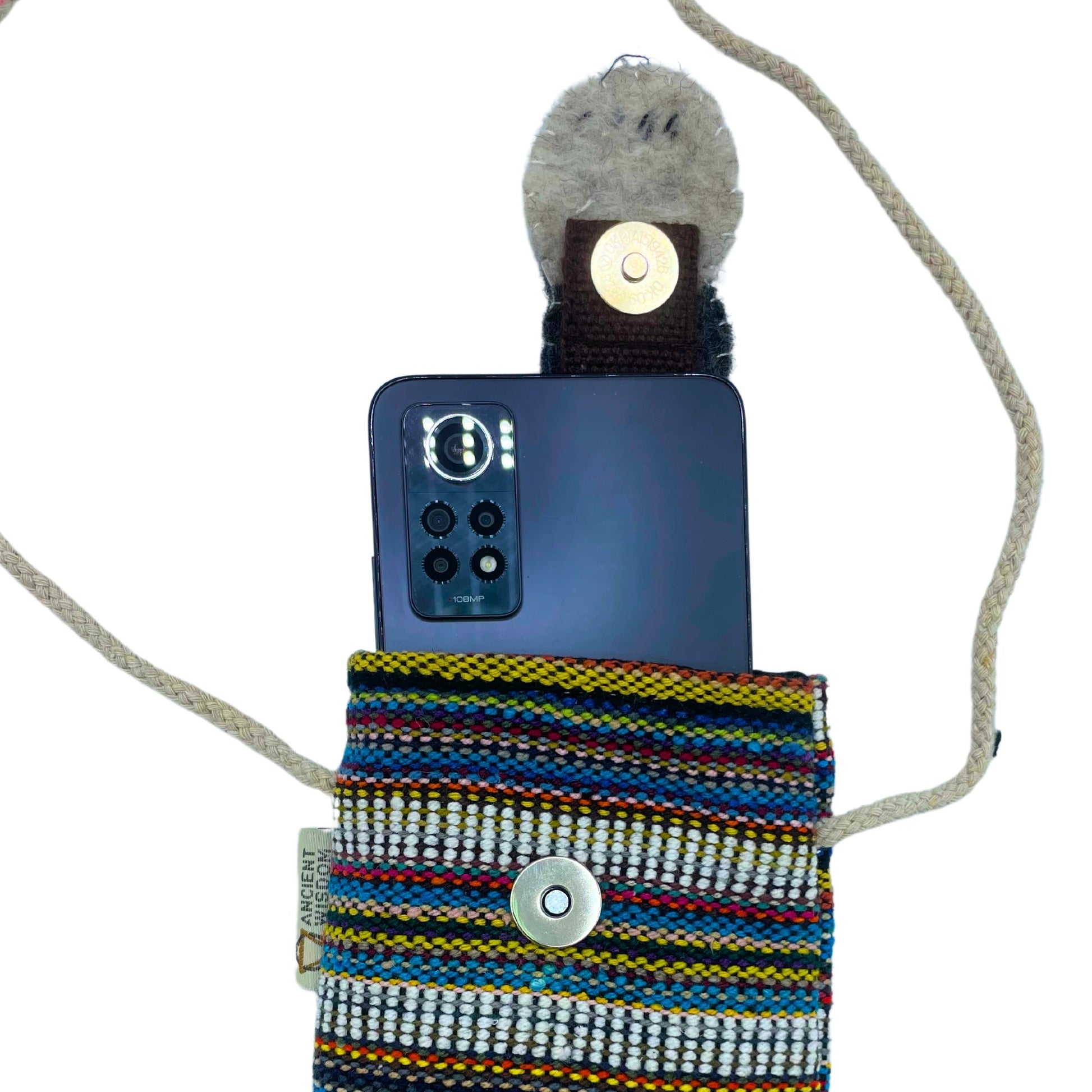 Handmade Cotton Mobile Phone Holder Bag - White and Multicoloured / Owl product packaging on clean background from Quintessential Holistic Health Ltd