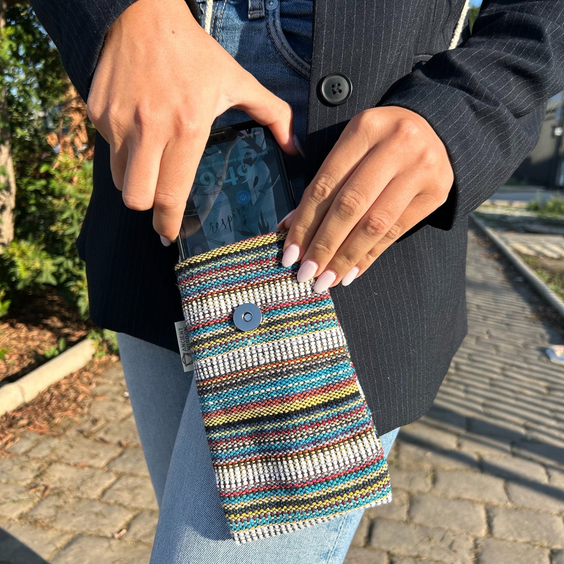 Handmade Cotton Mobile Phone Holder Bag - White and Multicoloured / Owl product packaging on clean background from Quintessential Holistic Health Ltd