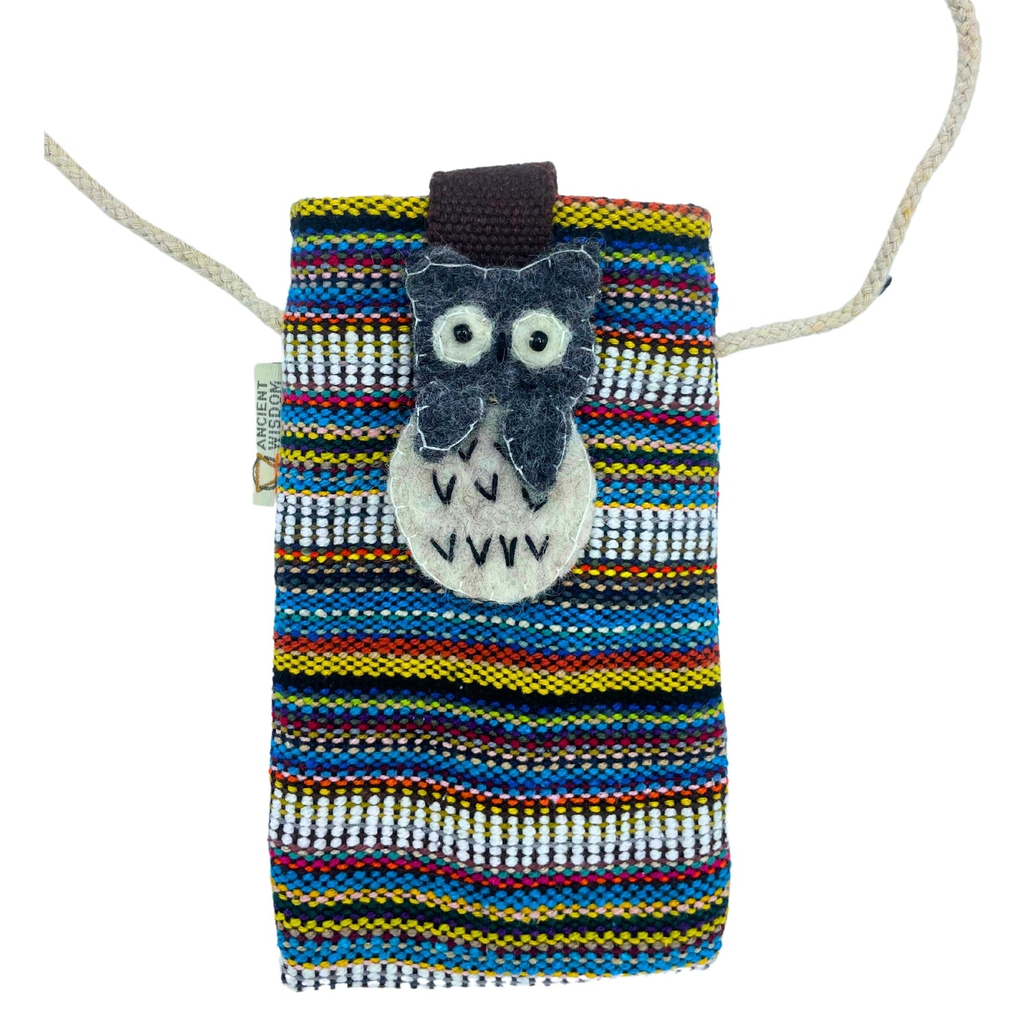 Handmade Cotton Mobile Phone Holder Bag - White and Multicoloured / Owl product packaging on clean background from Quintessential Holistic Health Ltd