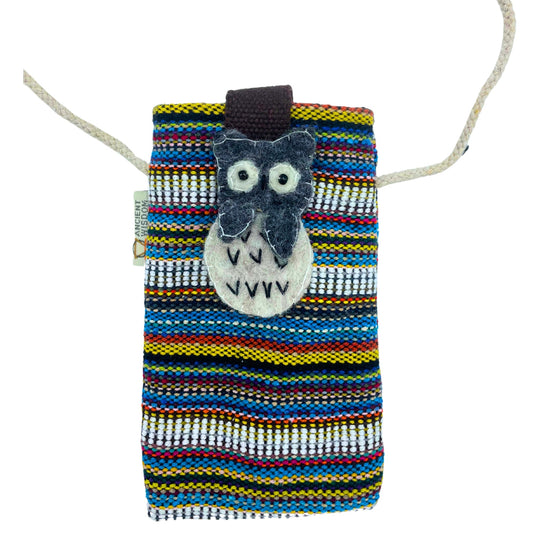 Handmade Cotton Mobile Phone Holder Bag - White and Multicoloured / Owl product packaging on clean background from Quintessential Holistic Health Ltd