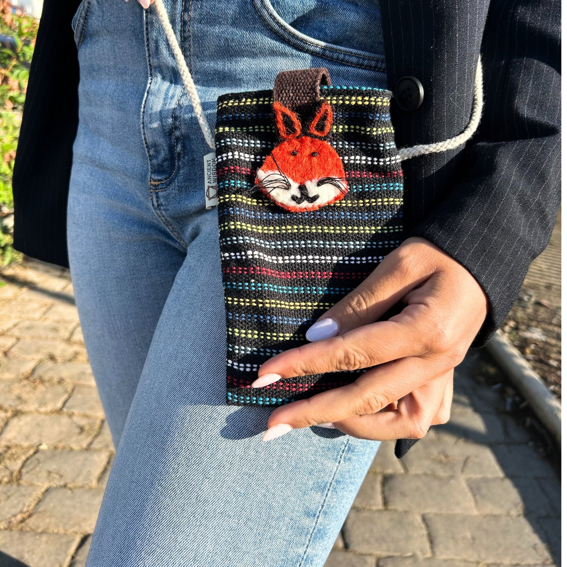 Handmade Cotton Mobile Phone Holder Bag - Black and Multicoloured / Fox product packaging on clean background from Quintessential Holistic Health Ltd